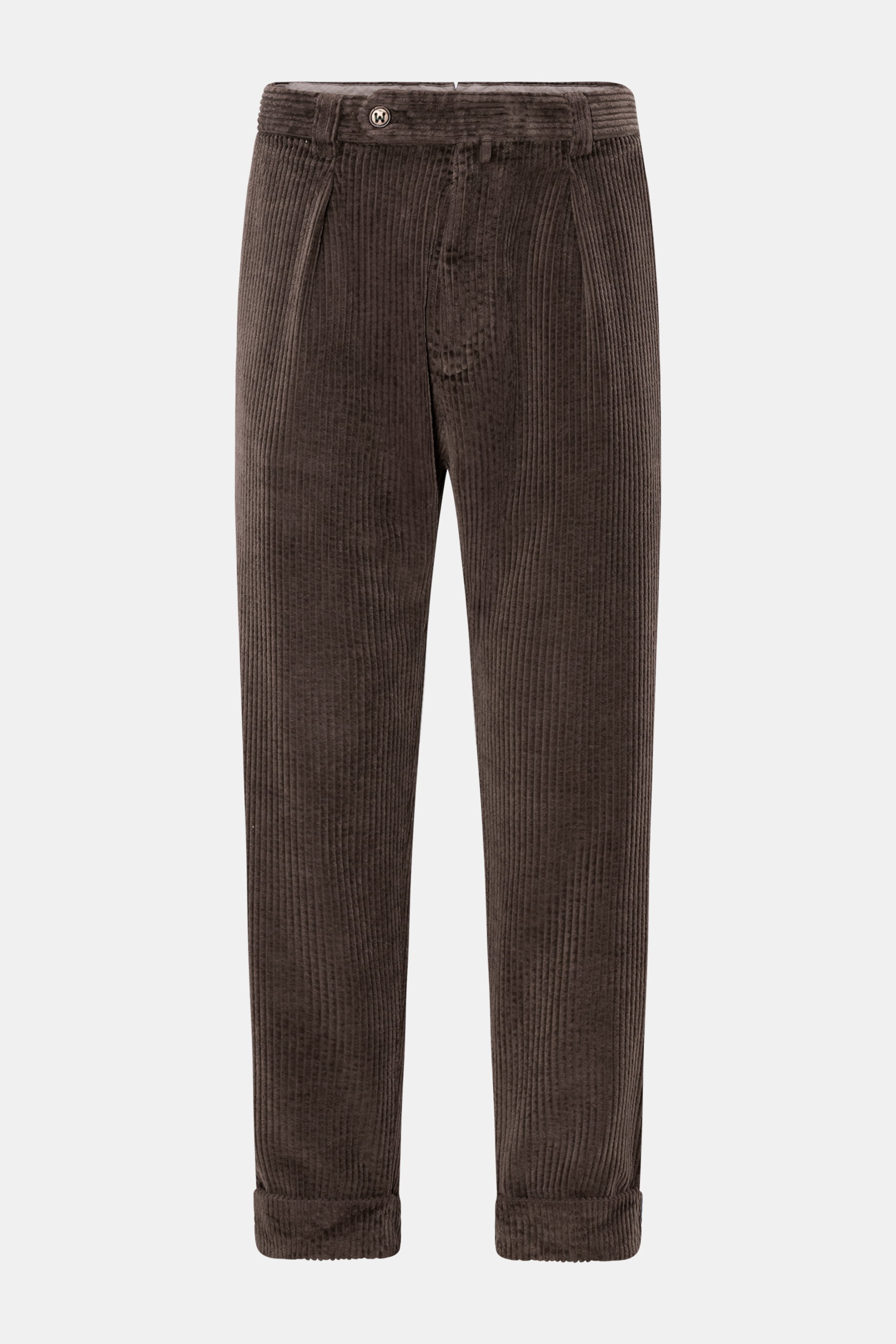Berwich Cordhose 'Chiaia' dunkelbraun aus weichem Breitcord, knöchellang, sehr schmal zulaufend, mit Bundknöpfen, Reißverschluss, Frontfalte, Seiten- und Gesäßtaschen, fixiertem Saumaufschlag, frontal fotografiert.