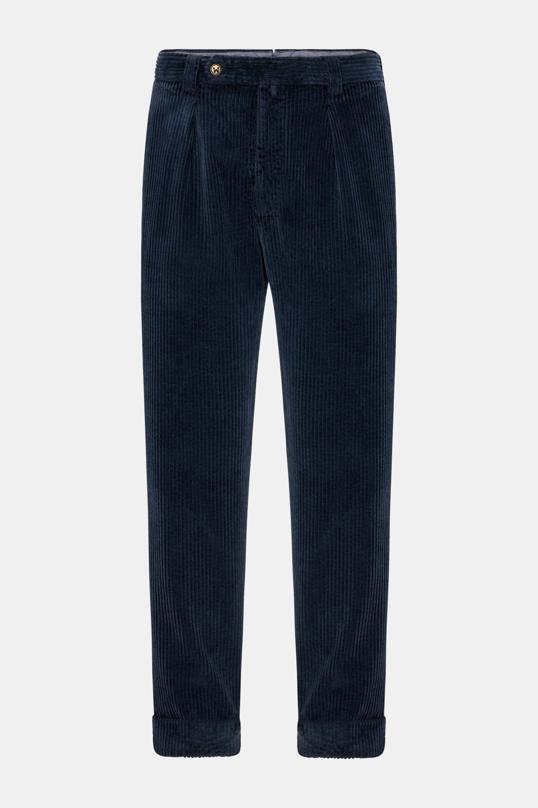 Berwich Cordhose 'Chiaia' navy aus weichem Baumwoll-Breitcord im Tapered Fit, knöchellang mit Bundknöpfen, Reißverschluss, Bundfalte, Taschen.