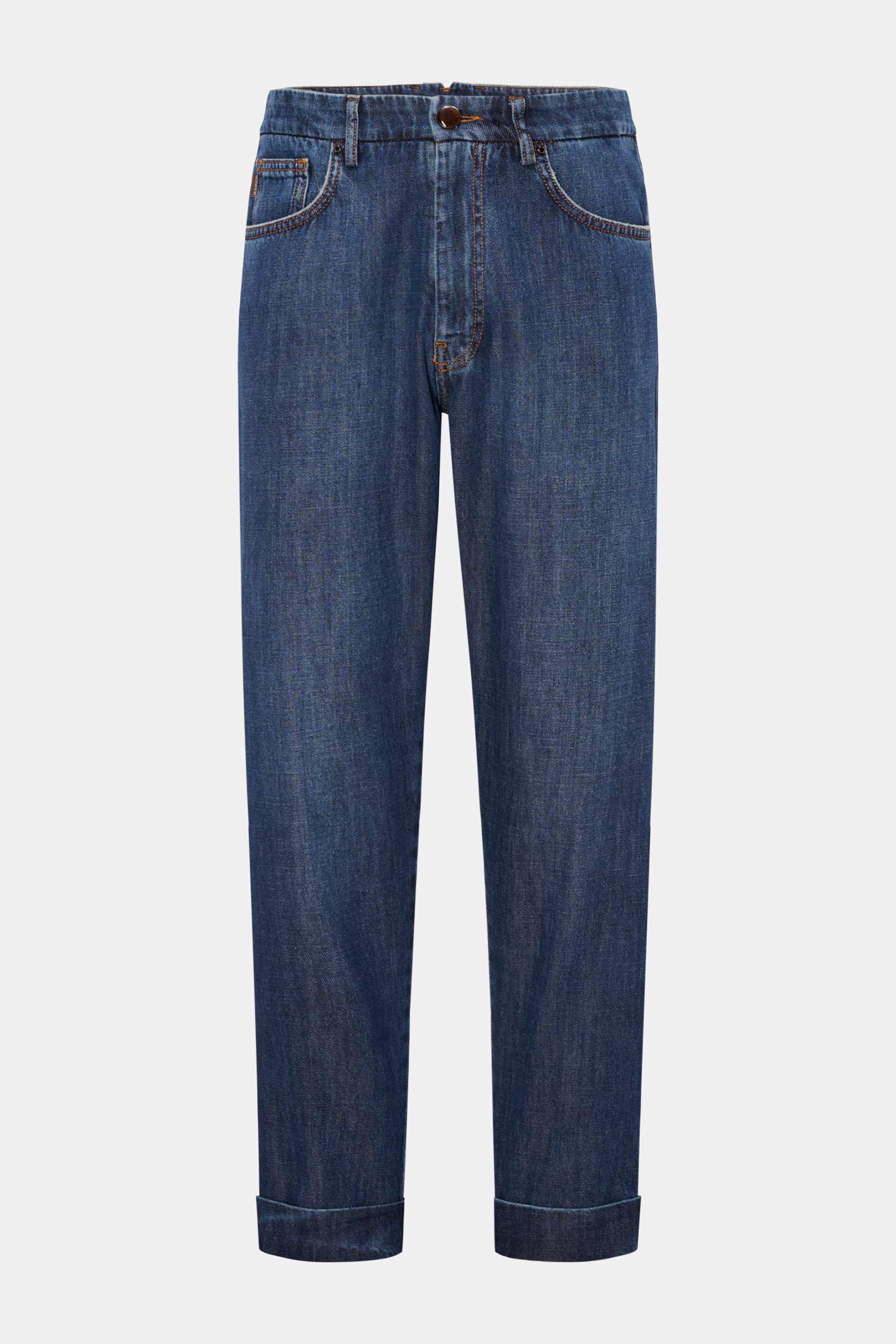 Berwich Jeans 'Chiaia 5t-GD' dunkelblau, frontal fotografiert, Tapered Fit, reine Baumwolle, Five-Pocket-Stil, fixierter Saumaufschlag, leichter Twill.