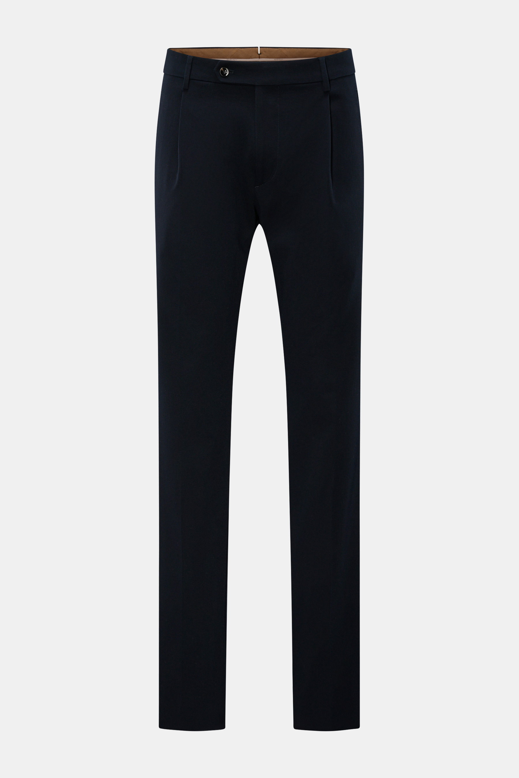 Berwich Baumwollhose 'Retro Long' navy, Slim Fit aus Baumwolltwill mit Bundfalte, französischen Taschen, Knopfriegel, frontal fotografiert.