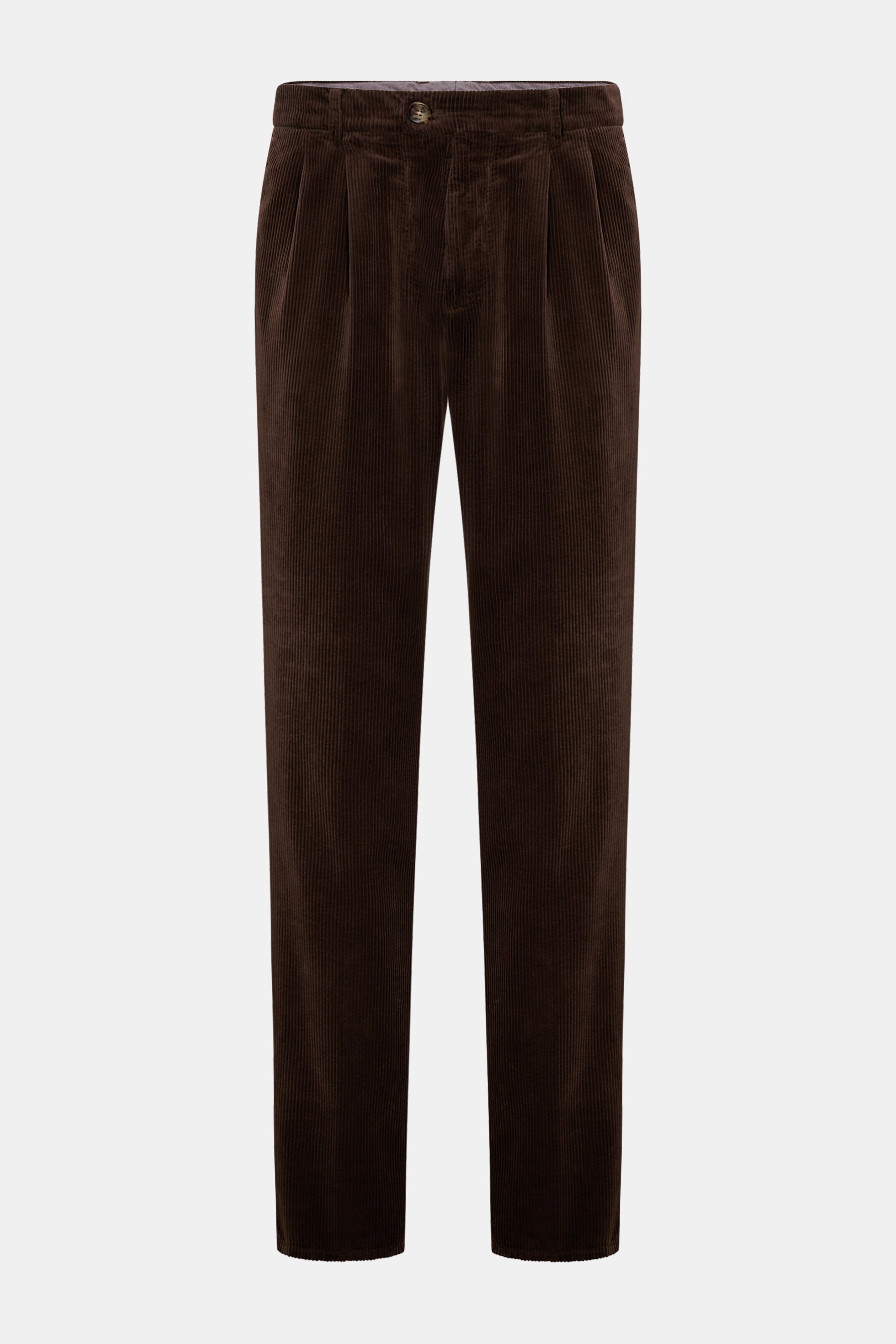 Brunello Cucinelli Cordhose dunkelbraun aus Baumwollcord, weicher Griff, Regular Fit, leicht schmal zulaufend, Front mit Reißverschluss, Bundknopf, doppelte Bundfalte, französische Taschen, Leistentaschen am Gesäß, frontale Ansicht.