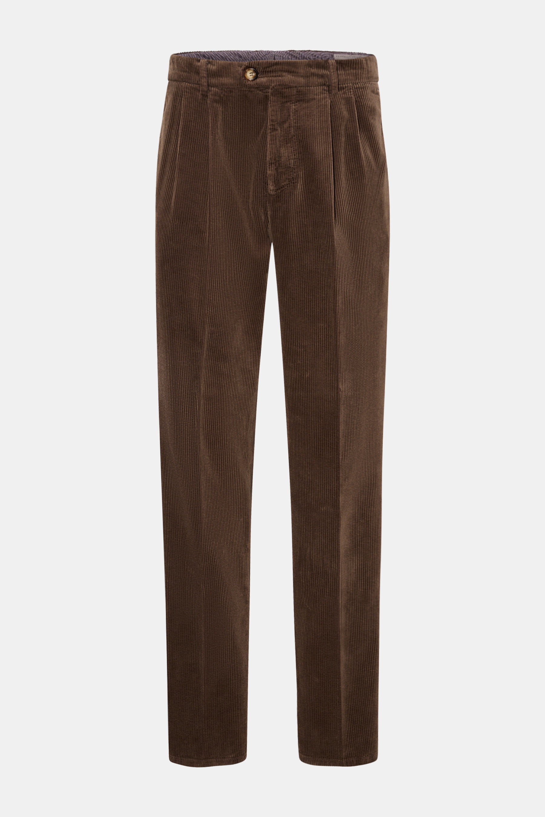 Brunello Cucinelli Cordhose braun aus Baumwoll-Cord, Regular Fit, leicht schmal zulaufend, mit Bundknopf, Reißverschluss, doppelter Bundfalte, französischen und Leistentaschen, frontal fotografiert.