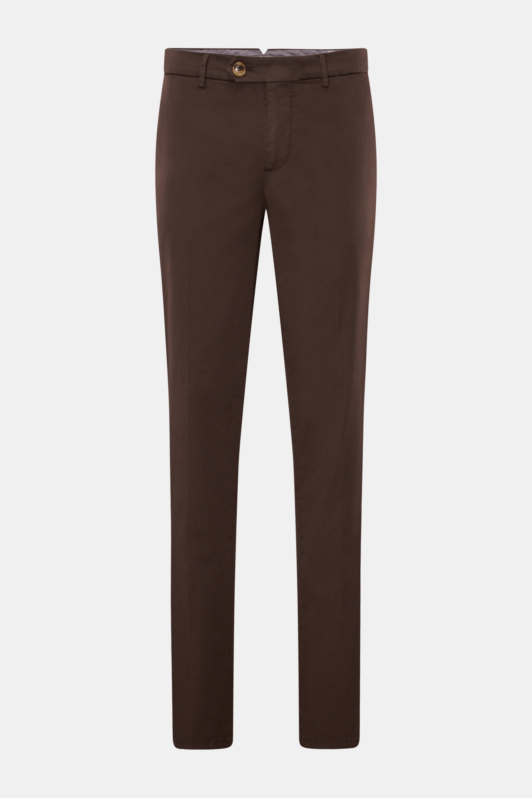 Brunello Cucinelli Chino 'Italian Fit' dunkelbraun, frontale Ansicht, Baumwoll-Twill, Regular Fit, schmal zulaufend mit Reißverschluss, Knöpfen und Taschen.