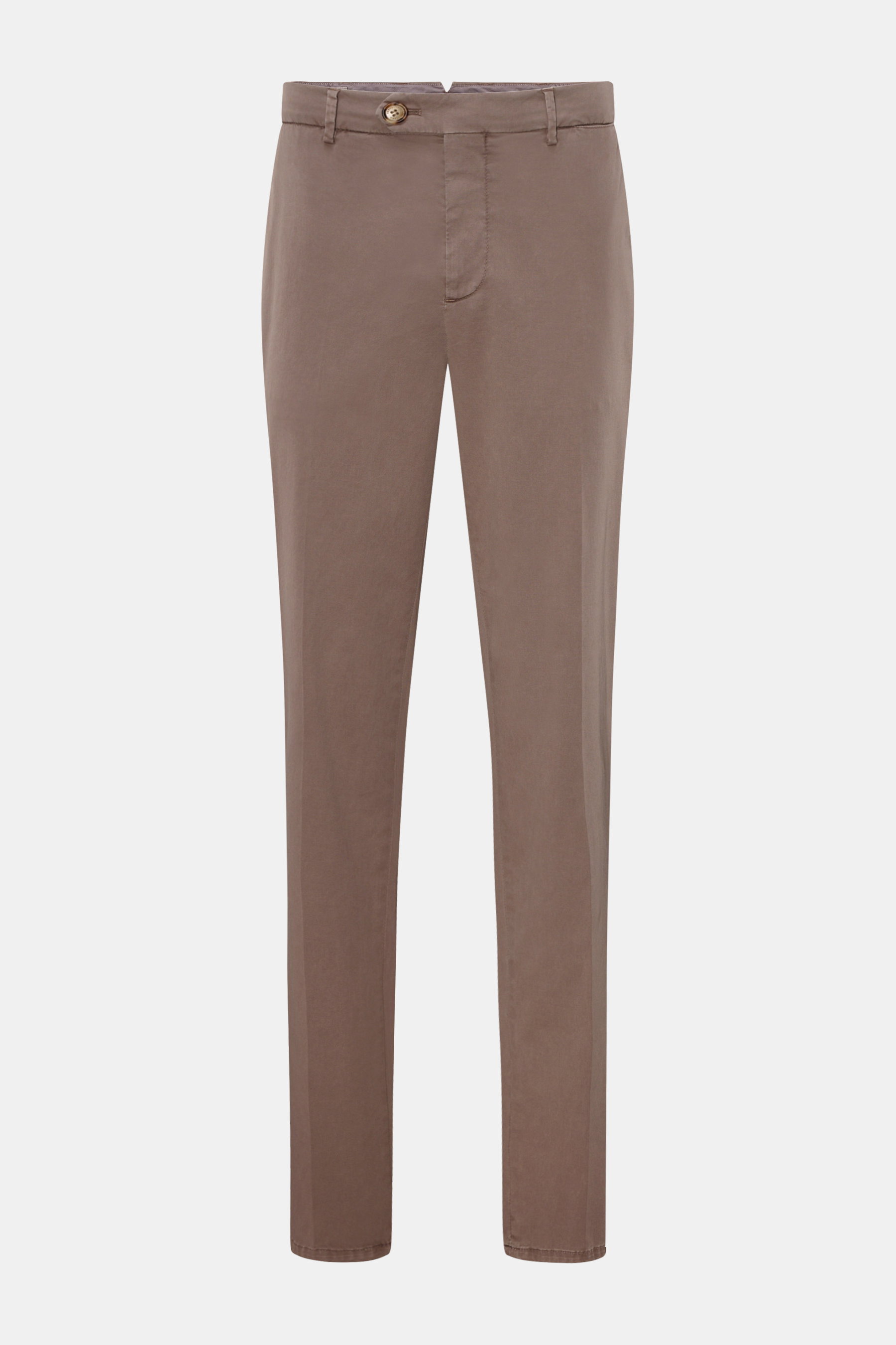 Brunello Cucinelli Chino 'Italian Fit' taupe, frontale Ansicht, Regular Fit, Baumwoll-Twill, schmal zulaufend, Taschen, Knopf- und Reißverschluss.