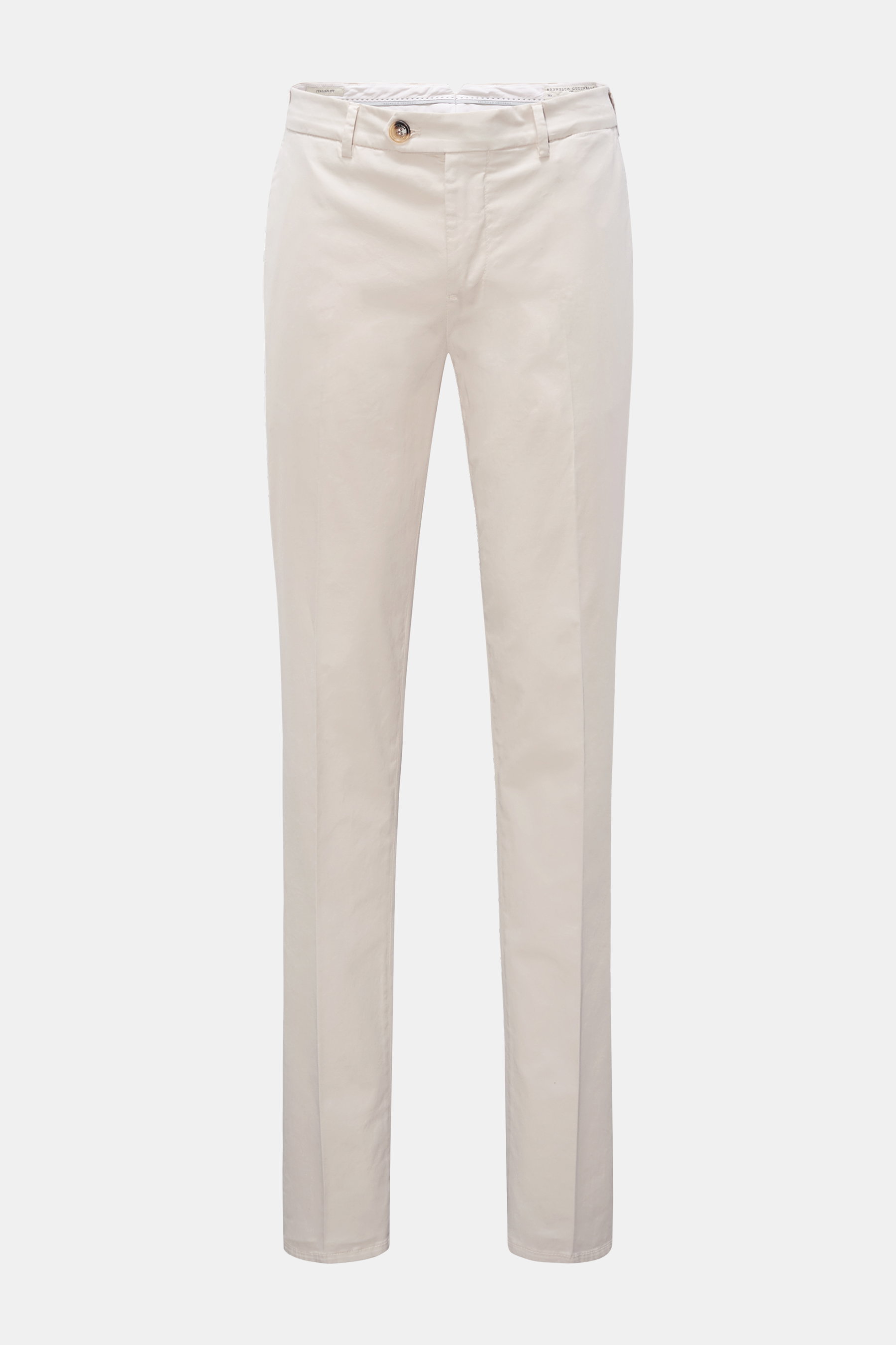 Brunello Cucinelli Chino 'Italian Fit' sand, frontale Aufnahme, Baumwoll-Twill, leicht elastisch, Regular Fit, schmal zulaufend, Taschen mit Knopf.