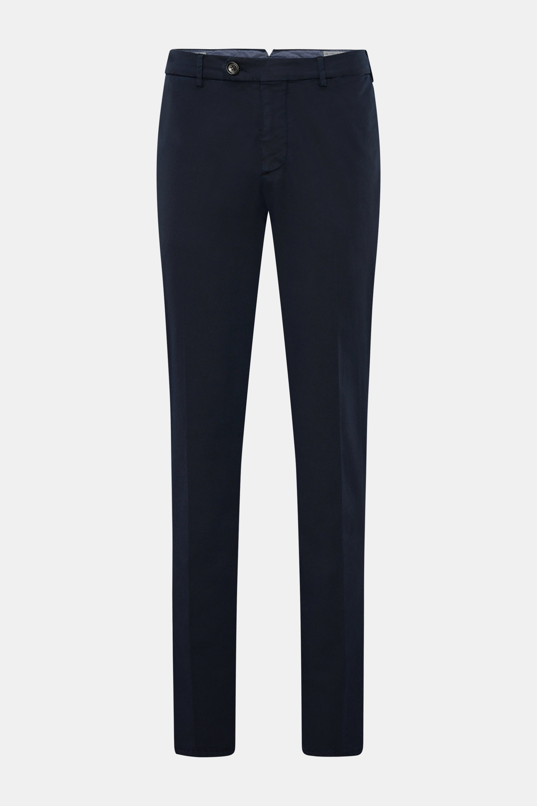 Brunello Cucinelli Chino 'Italian Fit' navy, frontale Aufnahme, Baumwoll-Twill, Regular Fit, schmal zulaufend, mit Reißverschluss, Bundknopf, französischen Taschen, Uhrentasche, Gesäßtaschen mit Knopf.