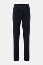 Front view of Doppiaa Trousers 'Aantioco' navy in soft fleece fabric blend of modal and cotton, regular fit with straight cut, button fly, angled and hip pockets, single pleat, and open length for a casual, retro autumn look perfect for vacation.
