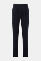Front view of Doppiaa Trousers 'Aantioco' navy in soft fleece fabric blend of modal and cotton, regular fit with straight cut, button fly, angled and hip pockets, single pleat, and open length for a casual, retro autumn look perfect for vacation.
