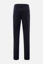 Rear view of Doppiaa Trousers 'Aantioco' navy in soft fleece blend of modal and cotton, featuring angled hip pockets, single pleat, button fly.