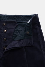 Close-up front view of Doppiaa Trousers 'Aantioco' navy showing button fly and waistband in soft fleece fabric.

<p>Get a casual, retro look for autumn with these trousers in soft fleece in a fabric blend of modal and cotton for maximum comfort – perfect 