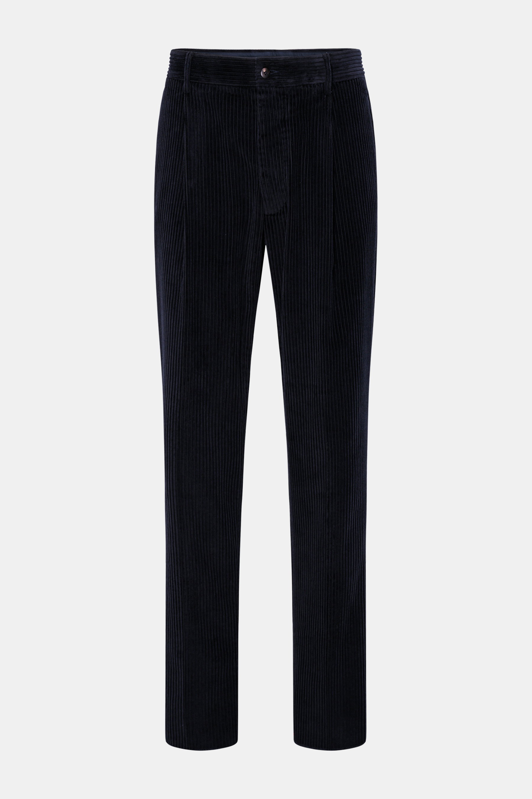 Doppiaa Cordhose 'Aantioco' navy aus softem Breitcord, Regular Fit, gerader Schnitt, Button Fly, schräge Taschen, Leistentaschen, offene Länge, frontal fotografiert.