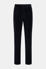 Doppiaa Cordhose 'Aantioco' navy aus softem Breitcord, Regular Fit, gerader Schnitt, Button Fly, schräge Taschen, Leistentaschen, offene Länge, frontal fotografiert.