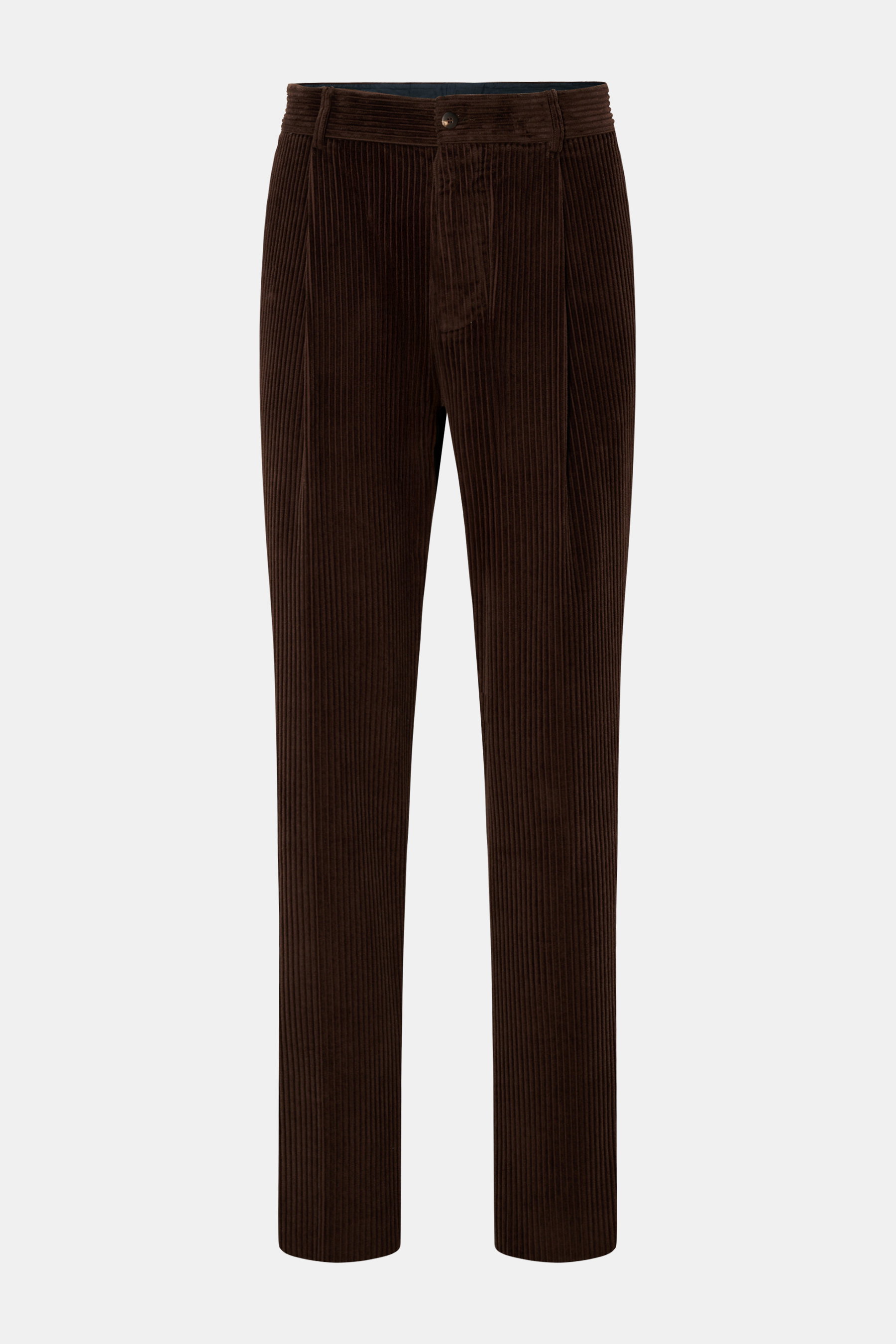 Doppiaa Cordhose 'Aantioco' dunkelbraun aus softem Breitcord, Regular Fit mit geradem Schnitt, Button Fly, Taschen, frontal fotografiert.