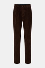 Front view of Doppiaa Corduroy pants 'Aantioco' dark brown made of wide wale pure cotton corduroy, regular fit with button fly and angled pockets, soft feel, straight cut, single pleat, hip pockets, and open length. Casual or chic – the trend material, co