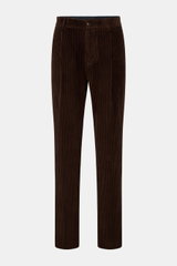 Front view of Doppiaa Corduroy pants 'Aantioco' dark brown made of wide wale pure cotton corduroy, regular fit with button fly and angled pockets, soft feel, straight cut, single pleat, hip pockets, and open length. Casual or chic – the trend material, co