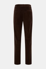 Rear view of Doppiaa Corduroy pants 'Aantioco' dark brown in wide wale pure cotton corduroy, featuring angled and hip pockets, button fly, single pleat, regular fit, straight cut, and open length. Casual or chic – the trend material, corduroy, offers endl