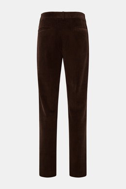 Rear view of Doppiaa Corduroy pants 'Aantioco' dark brown in wide wale pure cotton corduroy, featuring angled and hip pockets, button fly, single pleat, regular fit, straight cut, and open length. Casual or chic – the trend material, corduroy, offers endl