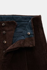 Close-up front view of Doppiaa Corduroy pants 'Aantioco' dark brown showcasing button fly and wide wale pure cotton fabric. Casual or chic – the trend material, corduroy, offers endless styling possibilities. Label DOPPIAA revives retro vibes with the tro