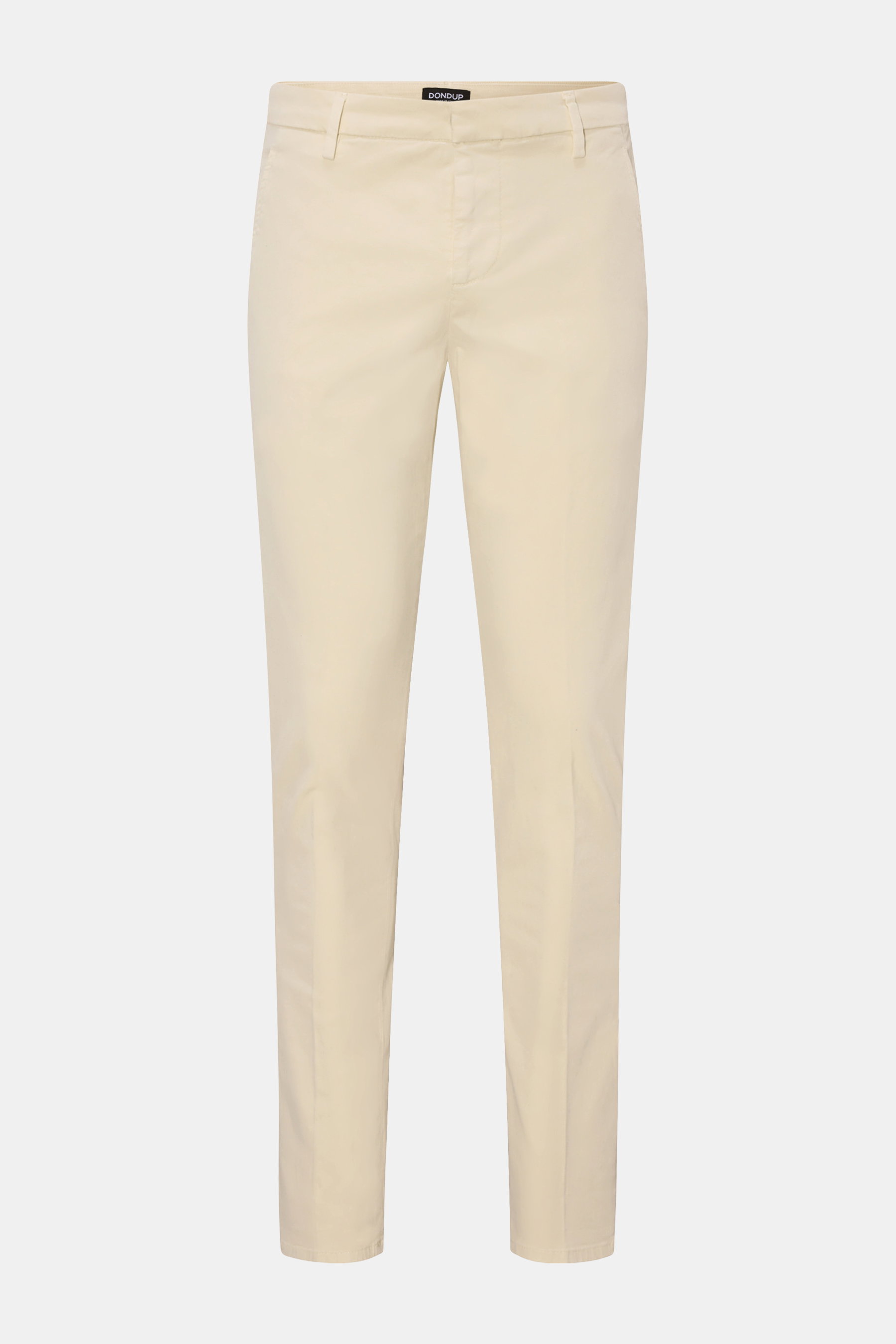 Dondup Chino 'Gaubert' creme, slim Fit, elastische Baumwolle, vorne fotografiert, Twill, französische Taschen, Metall-Initial, garment dyed.