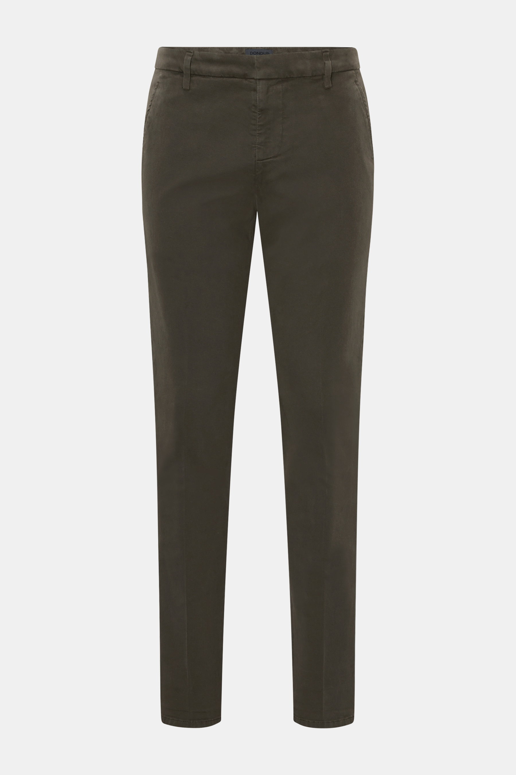 Dondup Chino 'Gaubert' graubraun, slim Fit aus elastischer Baumwolle, schmal geschnitten, Frontansicht mit Taschen und Metall-Initial.