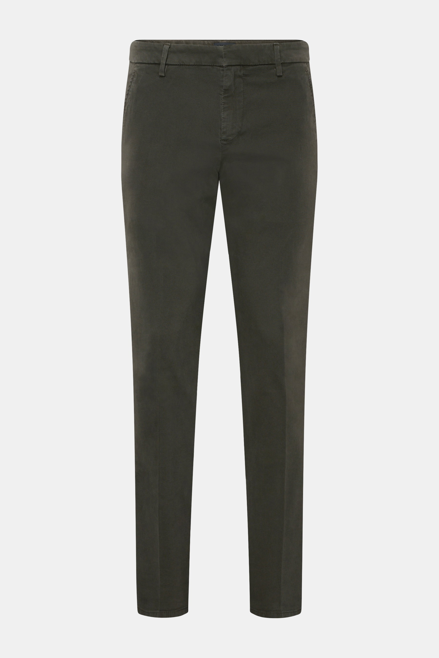 Dondup Chino 'Gaubert' dunkelgrau, schmal geschnittene Slim Fit Hose aus elastischer Baumwolle, frontal fotografiert, mit Reißverschluss, Slide Button, französischen und Gesäßtaschen.