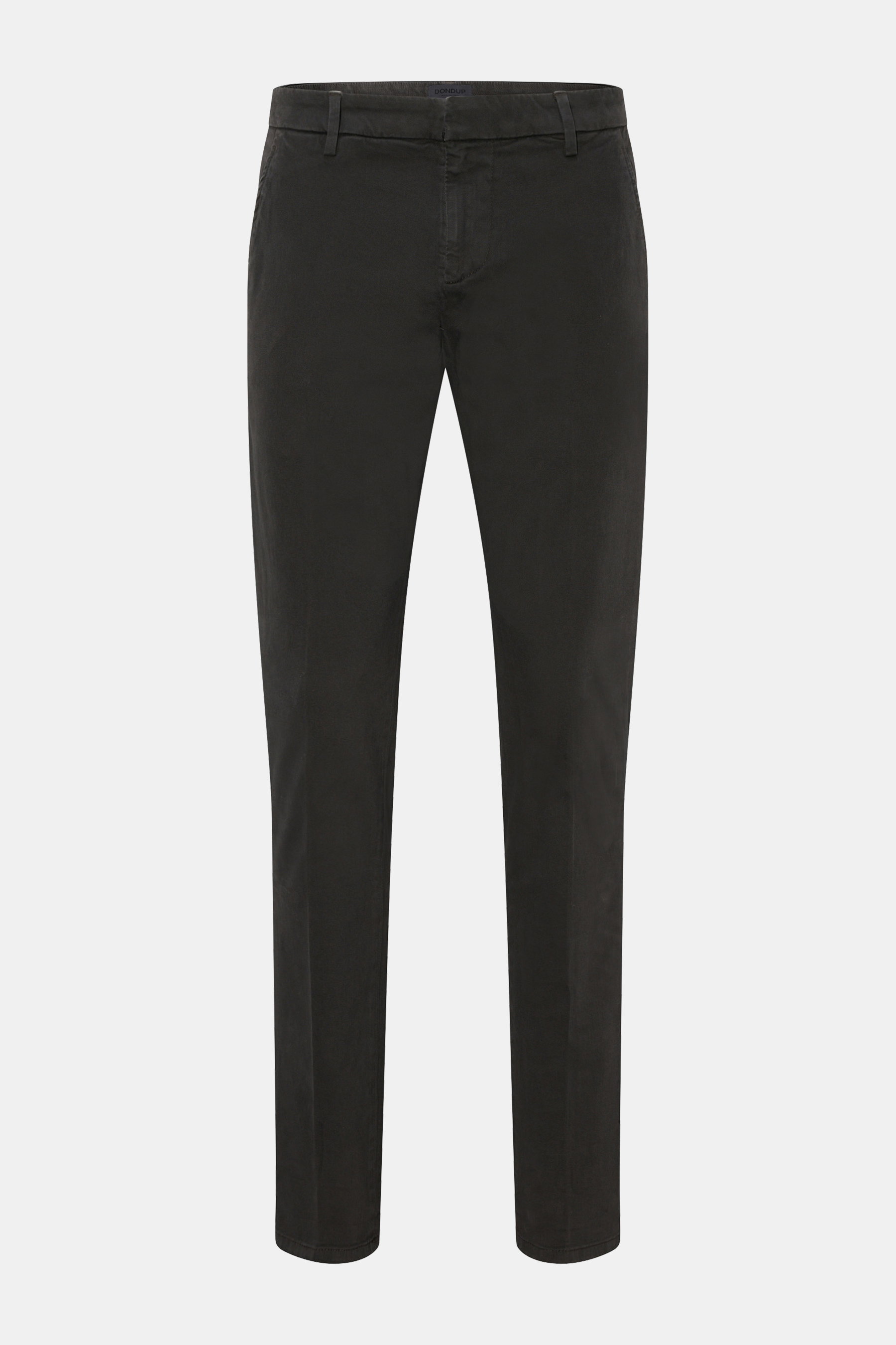 Dondup Chino 'Gaubert' anthrazit, schmal geschnittene Baumwollhose mit Slim Fit, französischen Taschen, Knopf-Gesäßtaschen, Reißverschluss, Metall-Initial, frontal fotografiert.