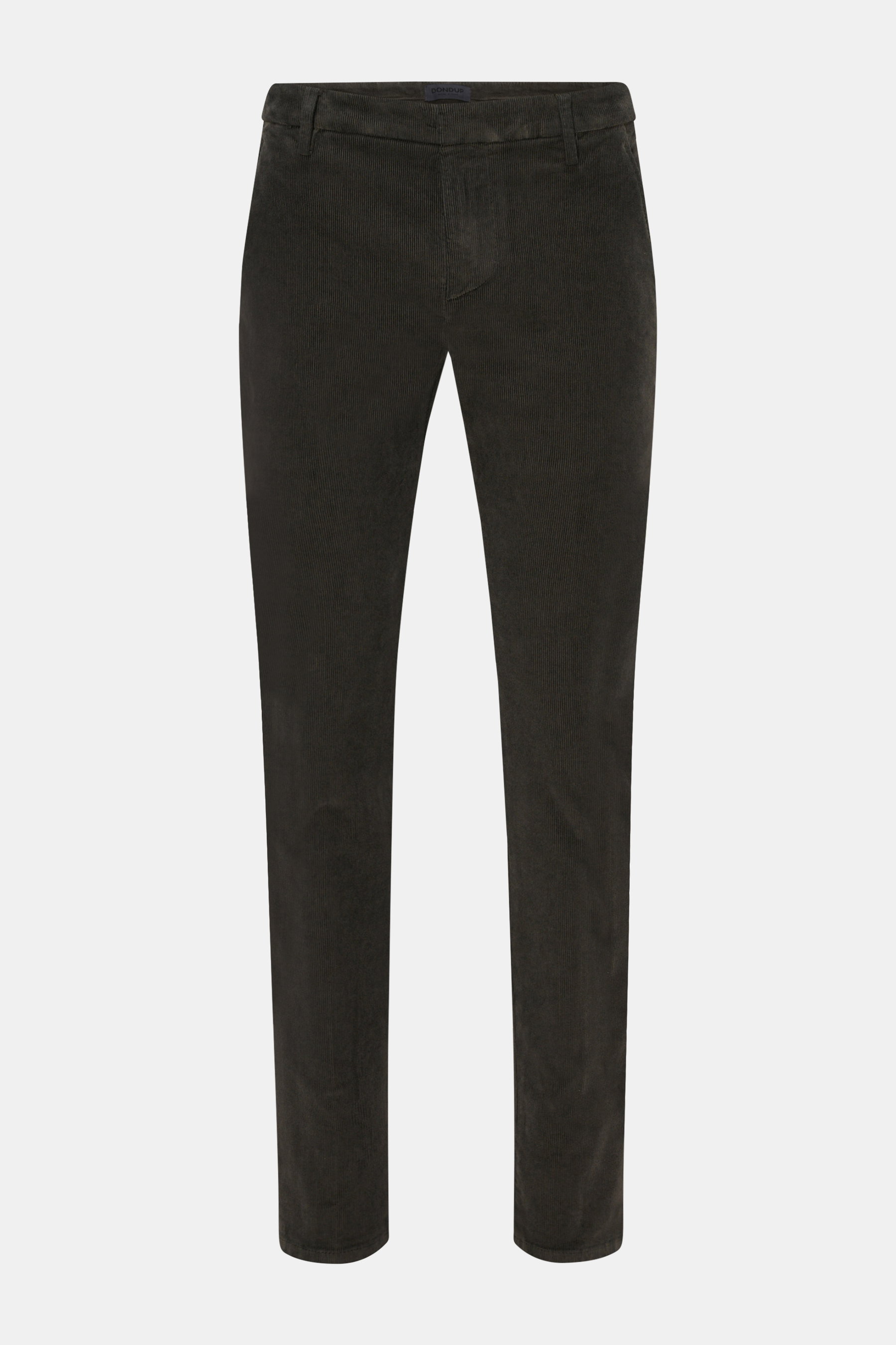 Dondup Cordhose 'Gaubert' anthrazit, feiner Baumwoll-Feincord mit leichtem Stretch, Slim Fit, schmal zulaufend, frontal fotografiert, Taschen mit Knopf.