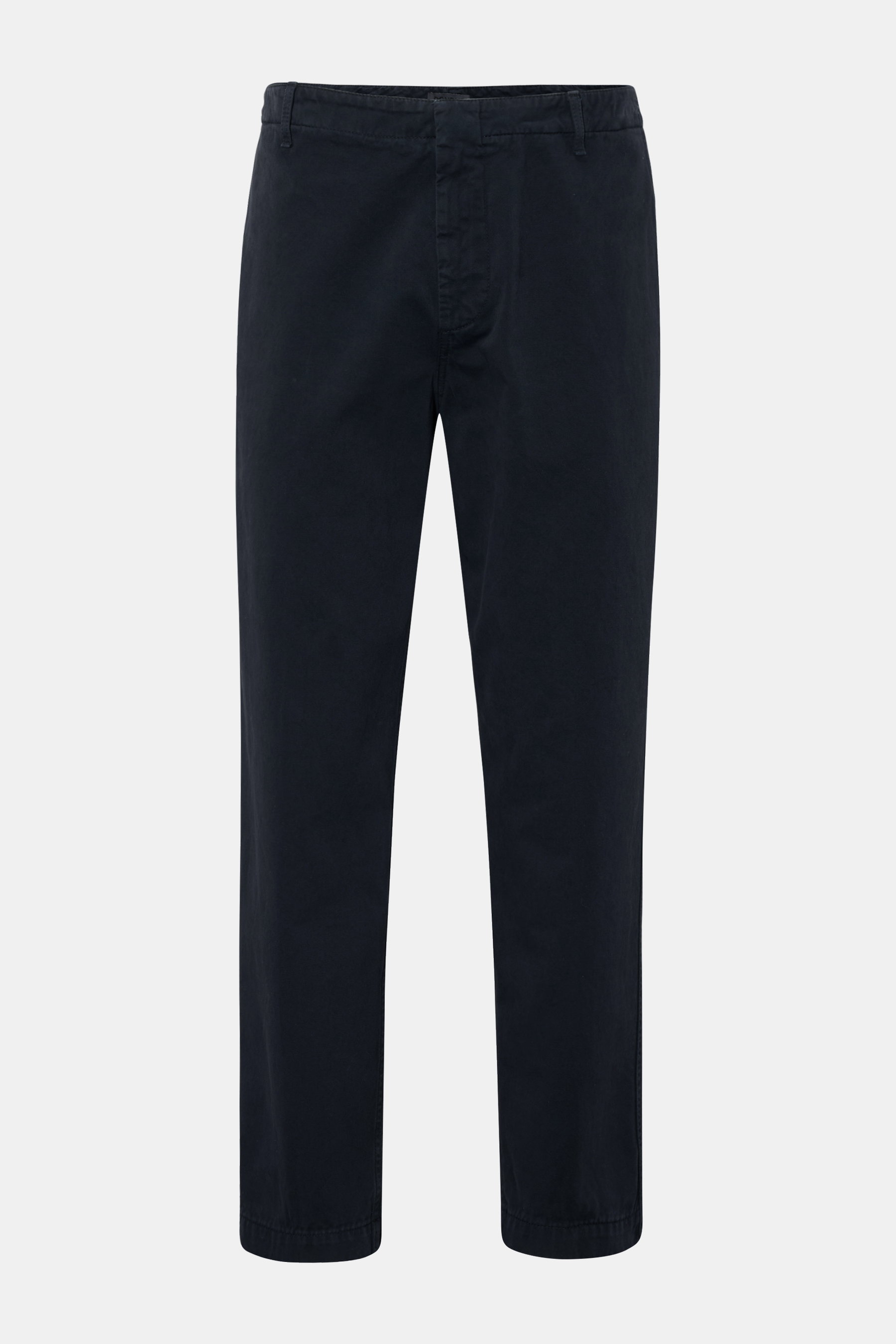 Dondup Baumwollhose dark navy, frontale Aufnahme, knöchellang, Tapered Fit, reine Baumwolle, Bundknopf, Reißverschluss, französische Taschen, paspelierte Gesäßtaschen, Metall-Initial.