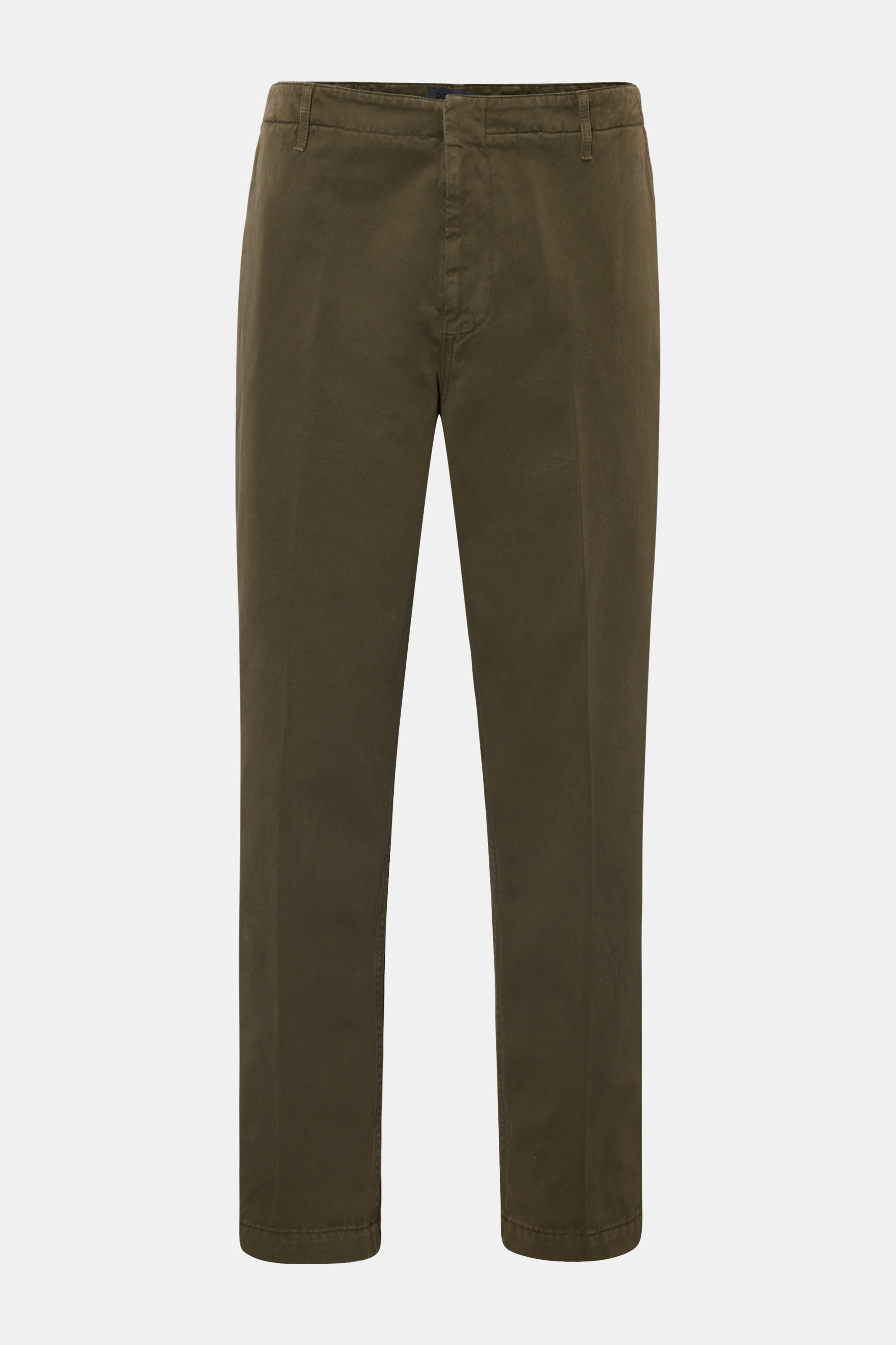 Dondup Baumwollhose oliv, frontale Nahaufnahme, knöchellang, tapered Fit, reine Baumwolle, weicher Griff, Bundknopf, Reißverschluss, französische Taschen, paspelierte Gesäßtaschen, Metall-Initial.