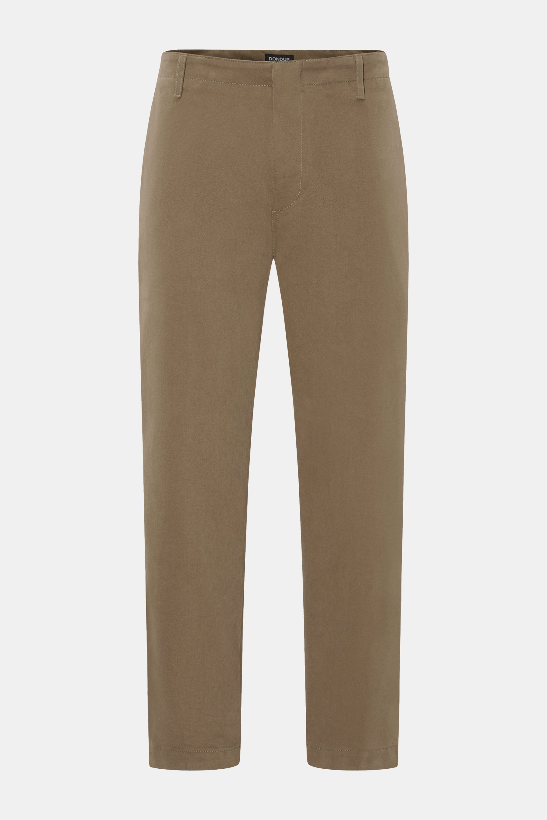 Dondup Baumwollhose 'Zyan' braun, frontale Nahaufnahme, weicher Baumwollvelours, konischer Tapered Fit, knöchellang, französische Taschen.