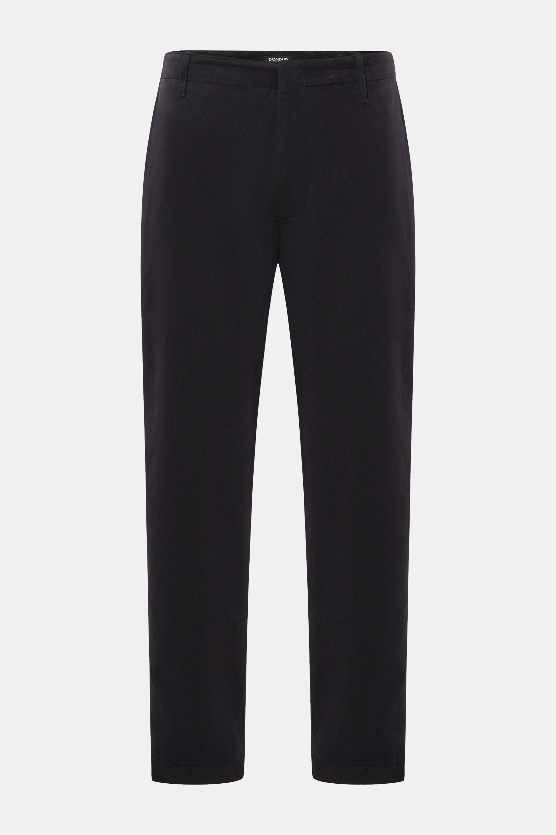 Dondup Baumwollhose 'Zyan' navy, frontale Ansicht, weicher Baumwollvelours, kurzer Schnitt, Tapered Fit, französische Taschen, Metall-Initial.