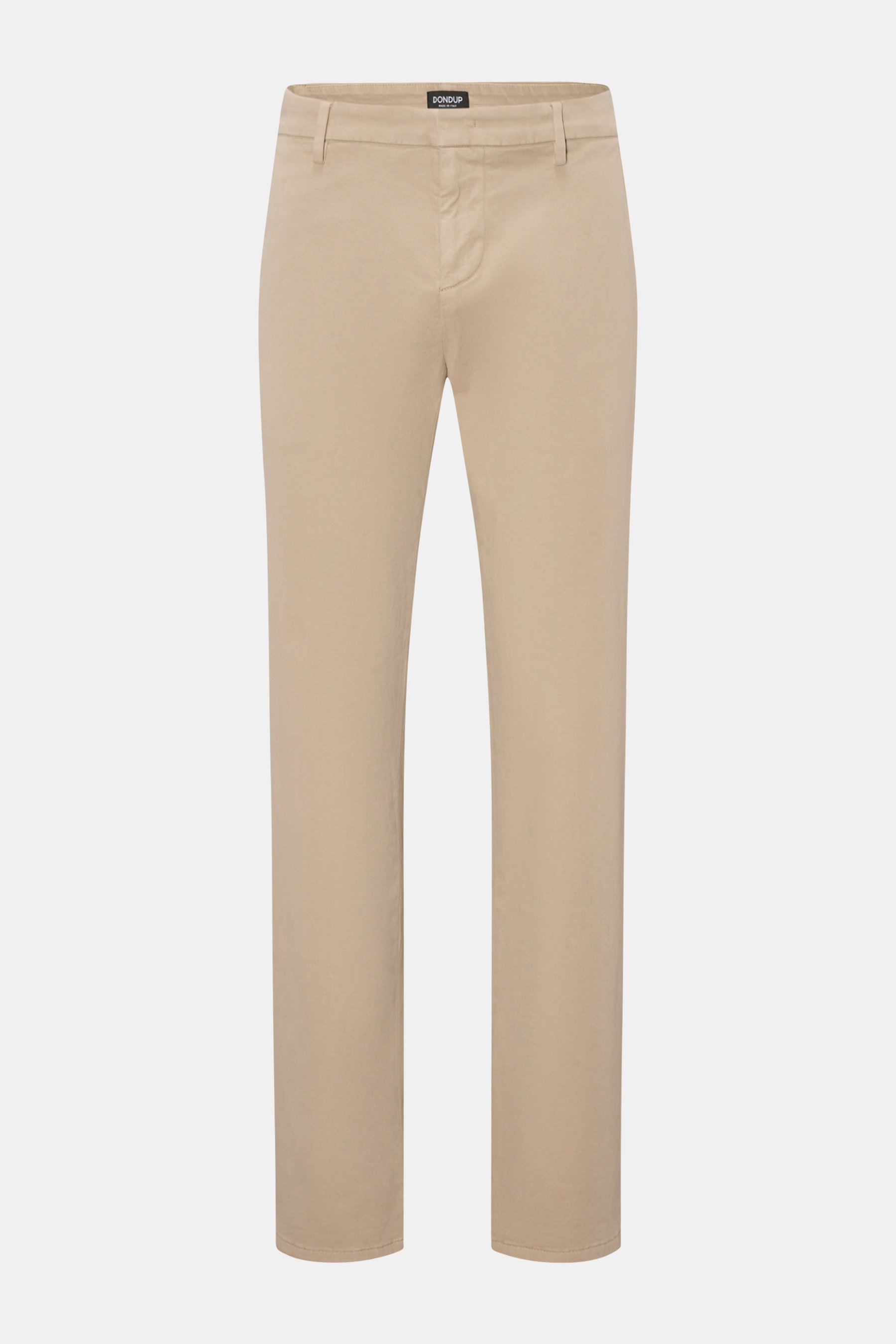 Dondup Hose 'Gaubert' beige, slim Fit Baumwollhose mit schmaler Wade, elastisch, weicher Griff, Reißverschluss, französische Taschen, frontal fotografiert.