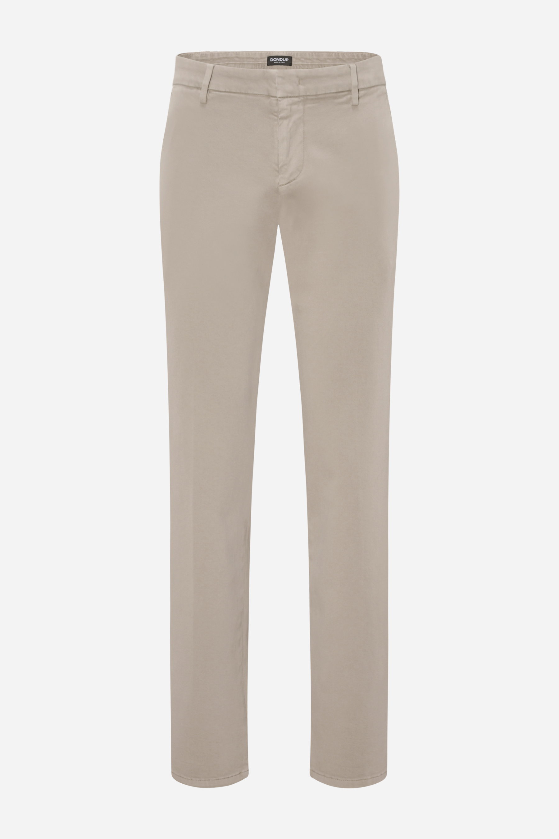 Dondup Hose 'Gaubert' grau, slim fit Baumwollhose mit elastischem Material, französischen Taschen, Reißverschluss, weich, schmal geschnitten, frontal fotografiert.