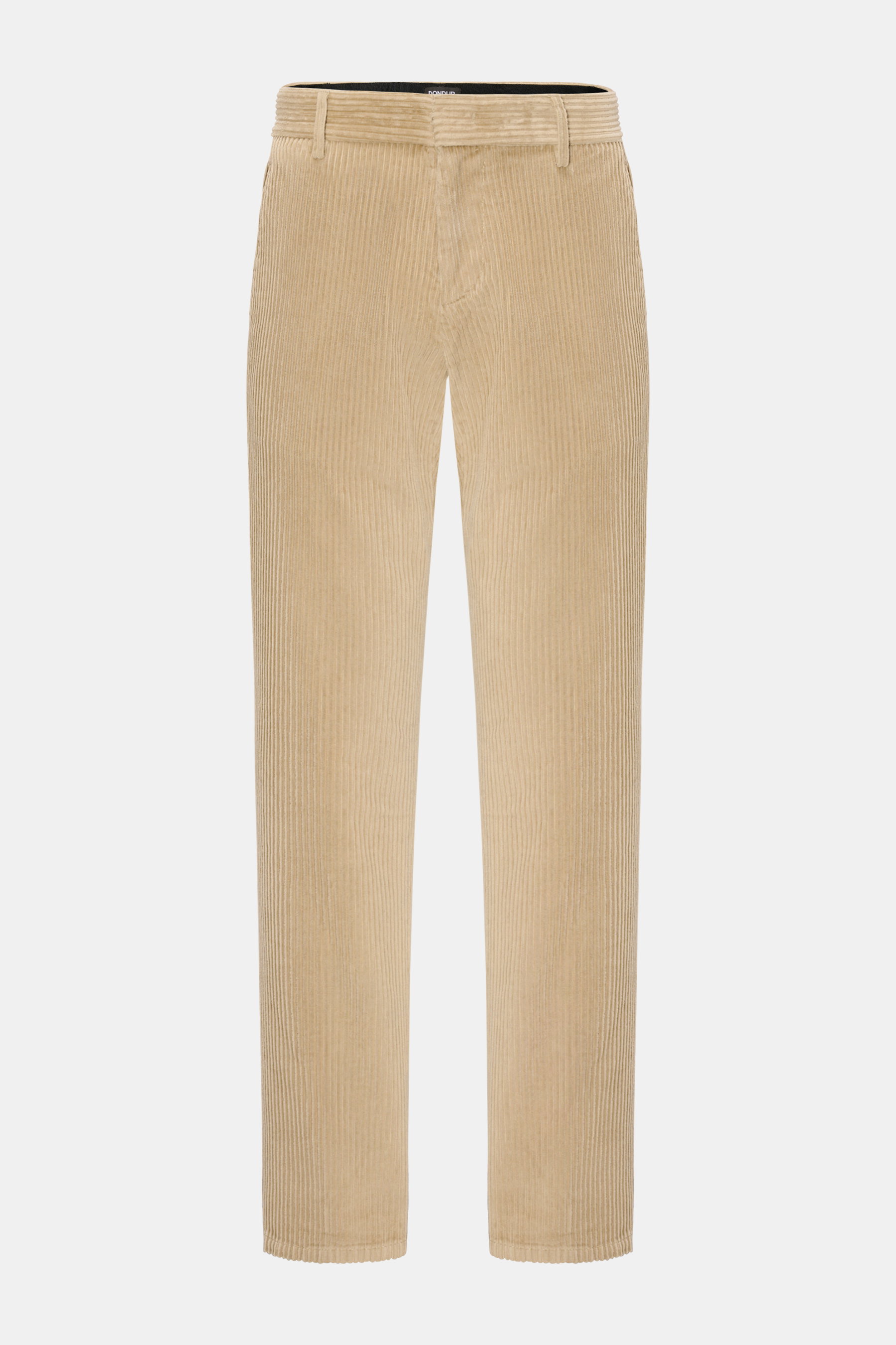 Dondup Cordhose 'Gaubert' beige aus Baumwoll-Breitcord mit leichtem Stretch, weichem Griff, Tapered Fit, französischen Taschen, frontal fotografiert.