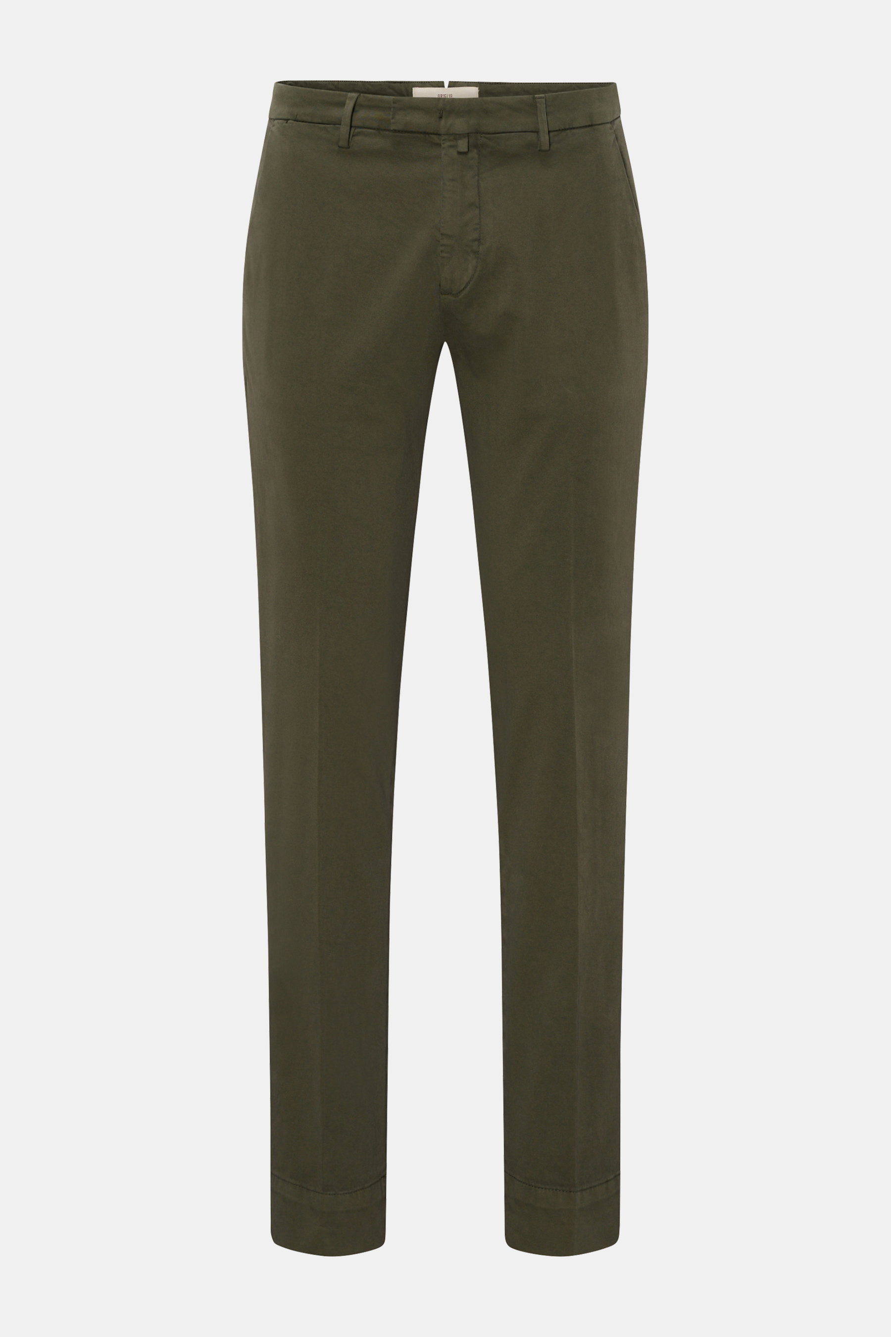 Briglia 1949 Baumwollhose dunkelgrün, Slim Fit, schmal zulaufend, elastische Baumwolle, weicher Griff, Reißverschluss, Bundknopf, französische Taschen, drei Gesäßtaschen, Frontansicht.