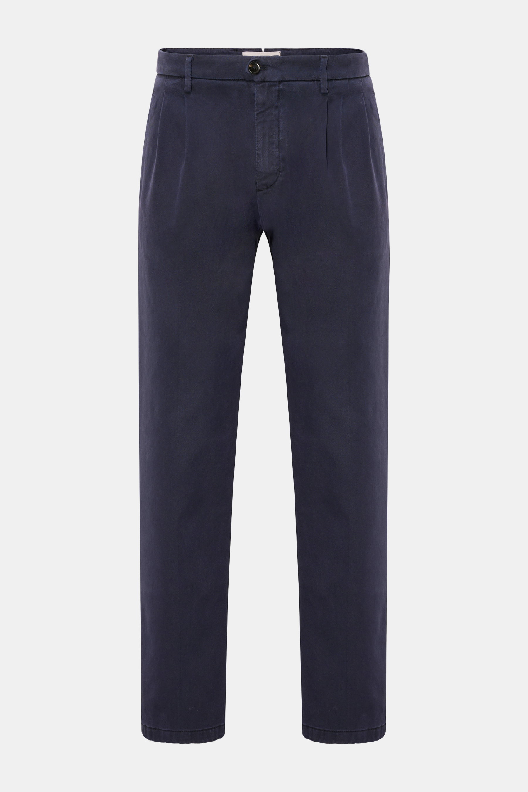 Briglia 1949 Chino 'Platti' graublau frontal, knöchellang, tapered Fit, Twill aus Lyocell/Baumwolle, elastisch, weicher Griff, Bundfalte, Reißverschluss, Knopf, paspelierte Taschen, Gesäßtaschen mit Knopf.
