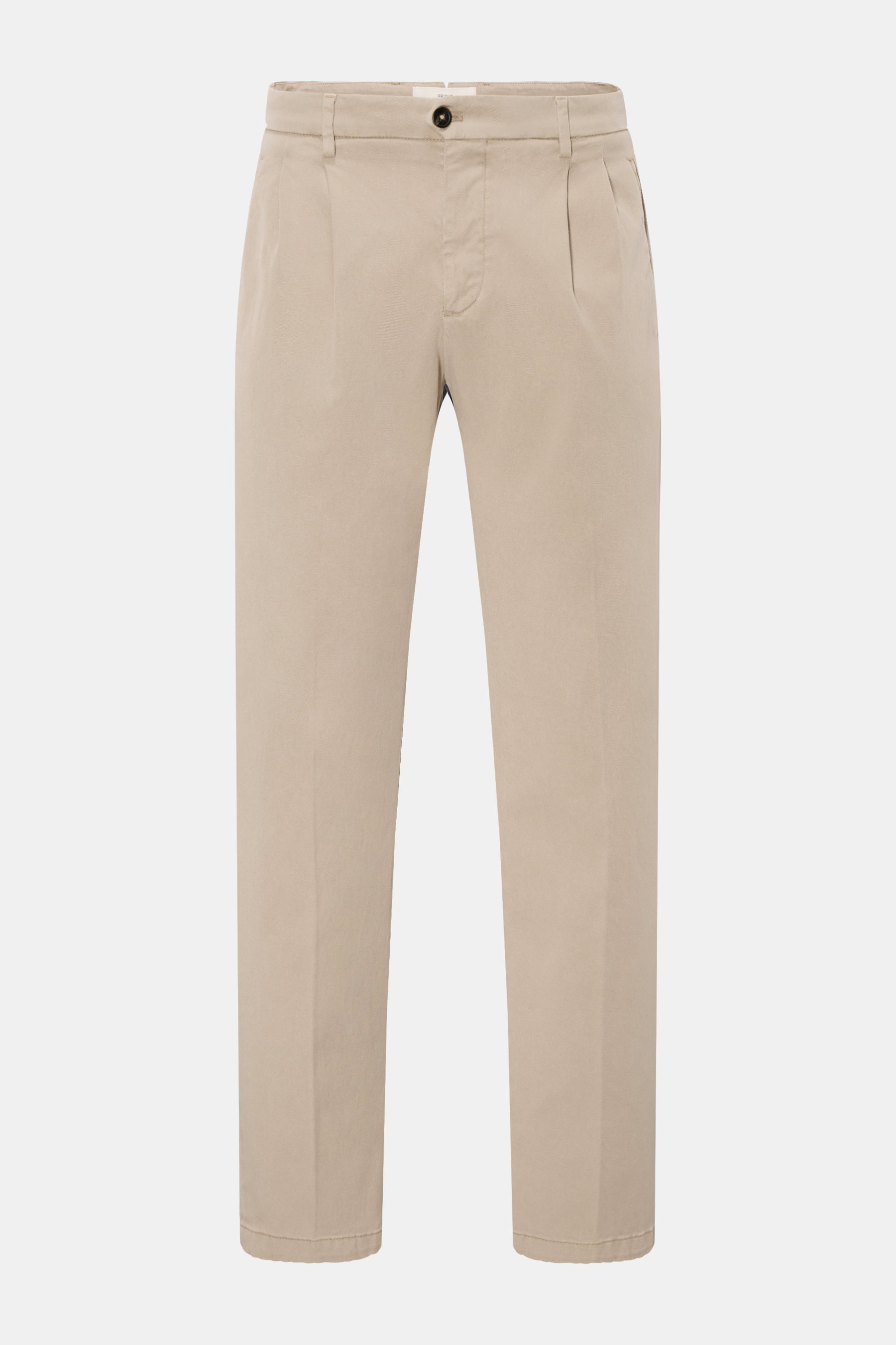 Briglia 1949 Chino 'Platti' beige, knöchellang, tapered Fit, Twill aus Lyocell und Baumwolle, elastisch, weicher Griff, Bundknopf, Reißverschluss, Taschen vorne und hinten mit Knopf, doppelte Bundfalte, frontale Perspektive.
