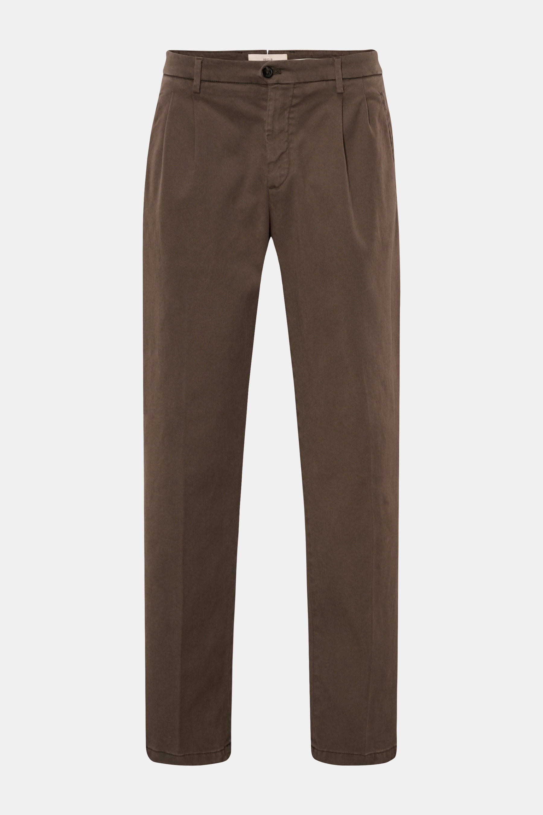 Briglia 1949 Chino 'Platti' graubraun, frontale Ansicht, Twill aus Lyocell und Baumwolle, elastisch, weicher Griff, Tapered Fit, knöchellang, Bundknopf, Reißverschluss, doppelte Bundfalte, paspelierte Taschen, Gesäßtaschen mit Knopf.