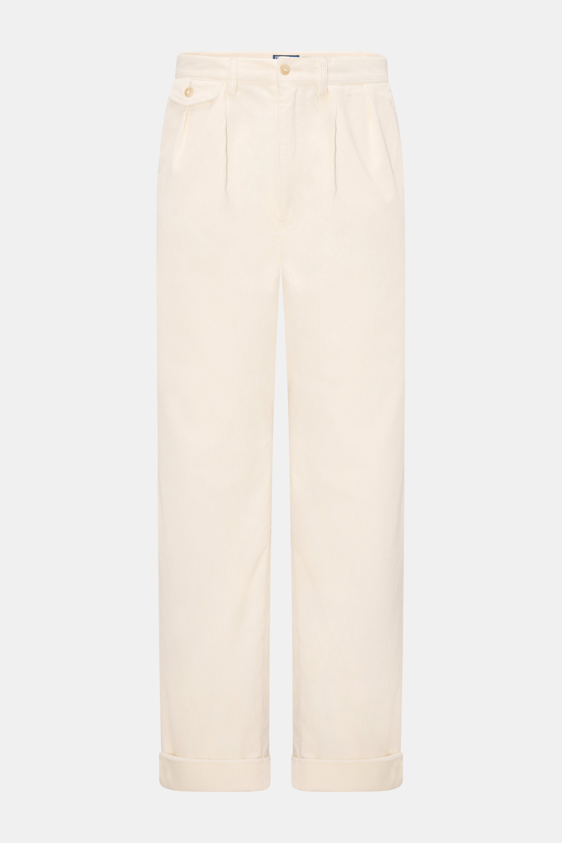 Polo Ralph Lauren Cordhose creme, frontale Ansicht, aus reiner Baumwolle, Cord mit weichem Griff, Tapered Fit, knöchellang, Bundknopf, Reißverschluss, französische Taschen, Uhrentasche, Knopf-Gesäßtaschen, Saumaufschlag.