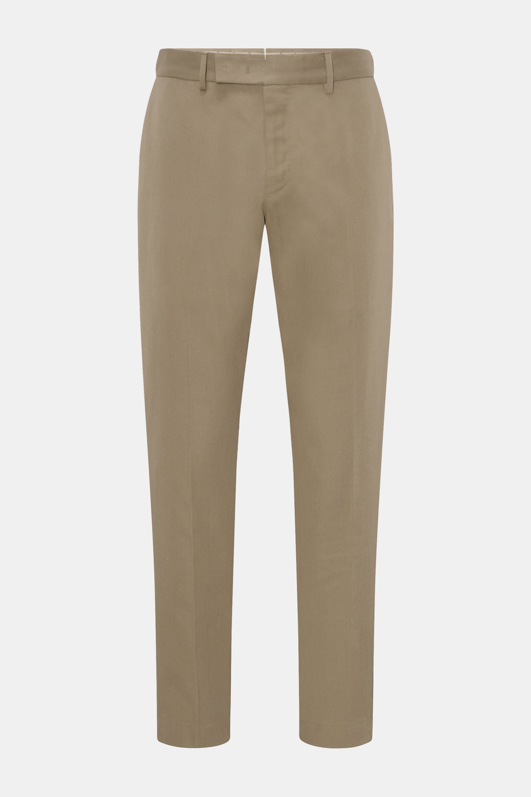 PT Torino Chino 'Rebel Fit' beige, frontale Ansicht, twill aus reiner Baumwolle, griffige Haptik, garment dyed, tapered fit, reguläre Oberschenkelweite, knöchellang, Reißverschluss mit Bundhaken, französische Taschen, paspelierte Gesäßtaschen, kleines Met