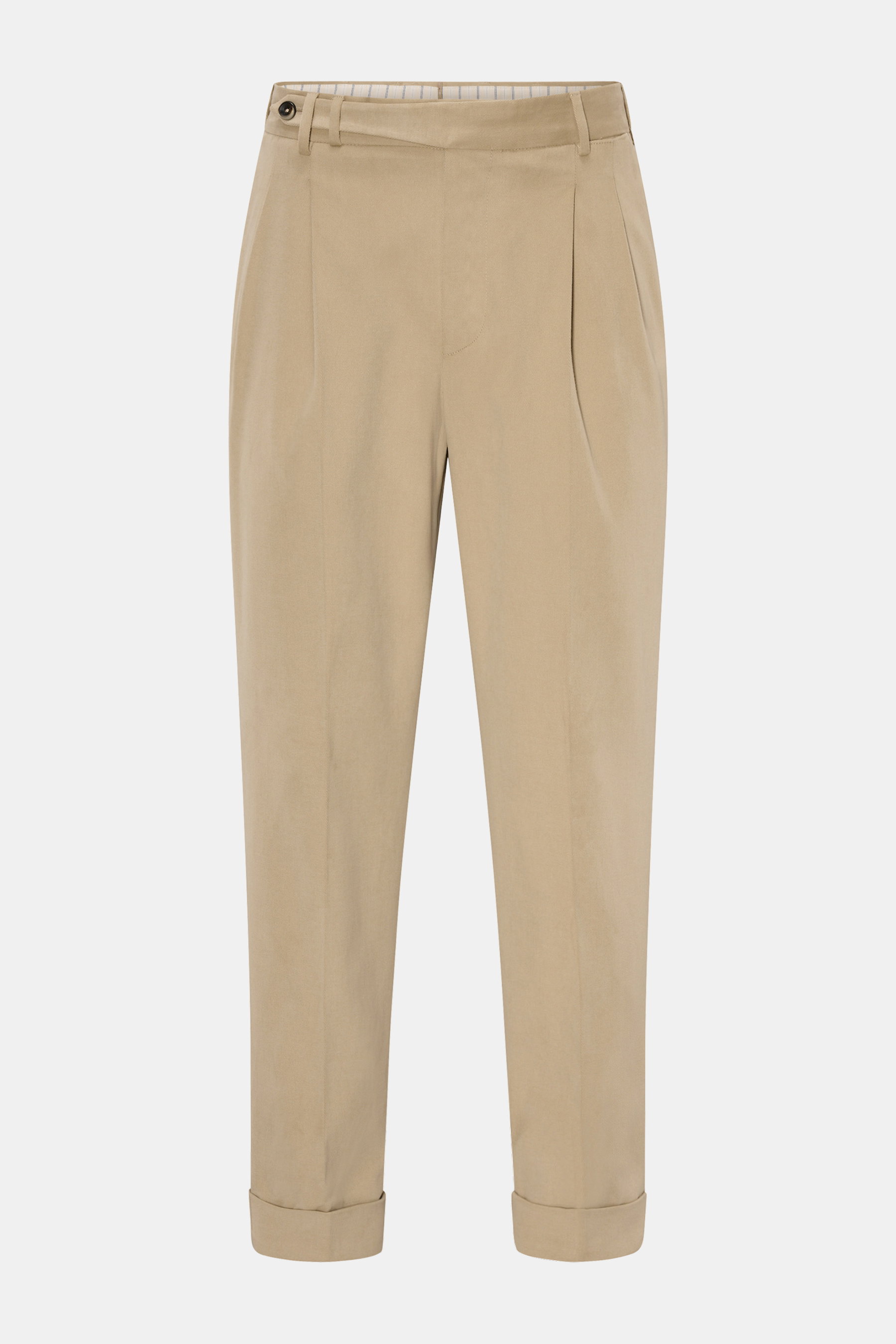 PT Torino Chino 'Carrot Fit' beige, frontal fotografiert, kurze Passform, Bundfalten, verlängerte Knopfriegel, knöchellang mit Saumaufschlag.