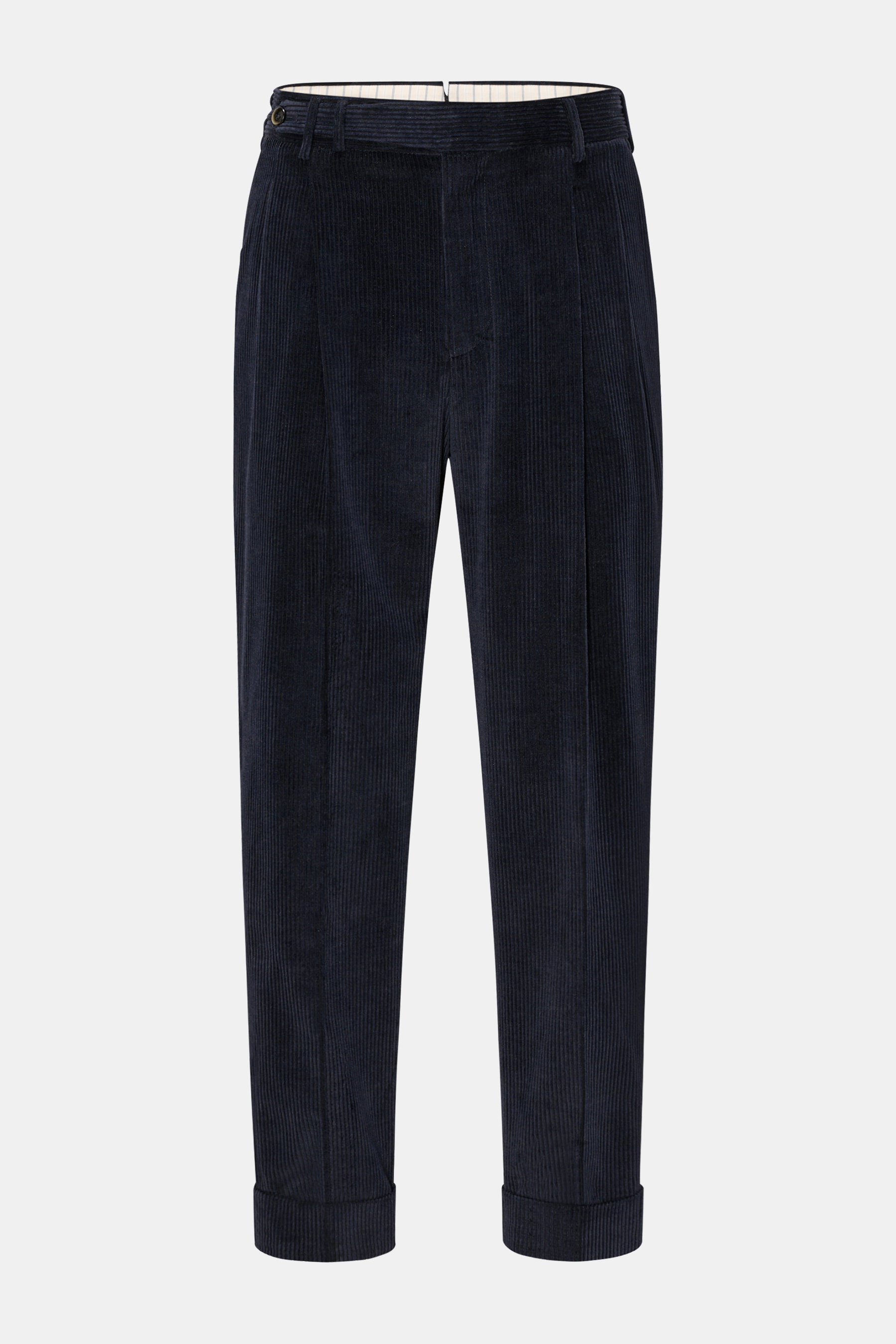 PT Torino Cordhose 'Carrot Fit' navy, knöchellang, mit Bundfalten, Knopfriegel, Uhrentasche, fixiertem Saumaufschlag, frontale Ansicht.
