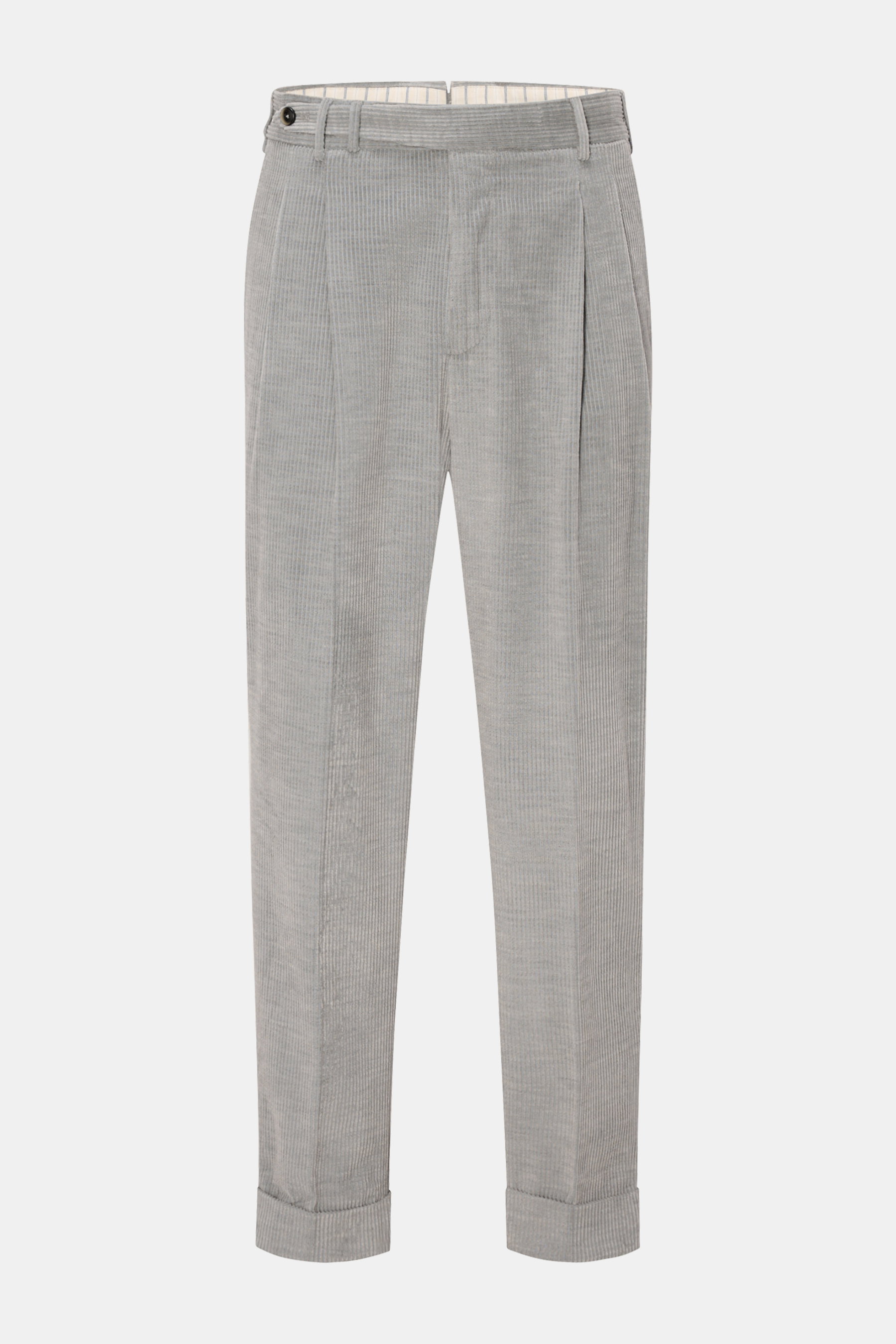 PT Torino Cordhose 'Carrot Fit' grau aus weichem Baumwoll-Cord, frontale Ansicht, kurze Bundfalten, Knopfriegel, schmal zulaufend, knöchellang.