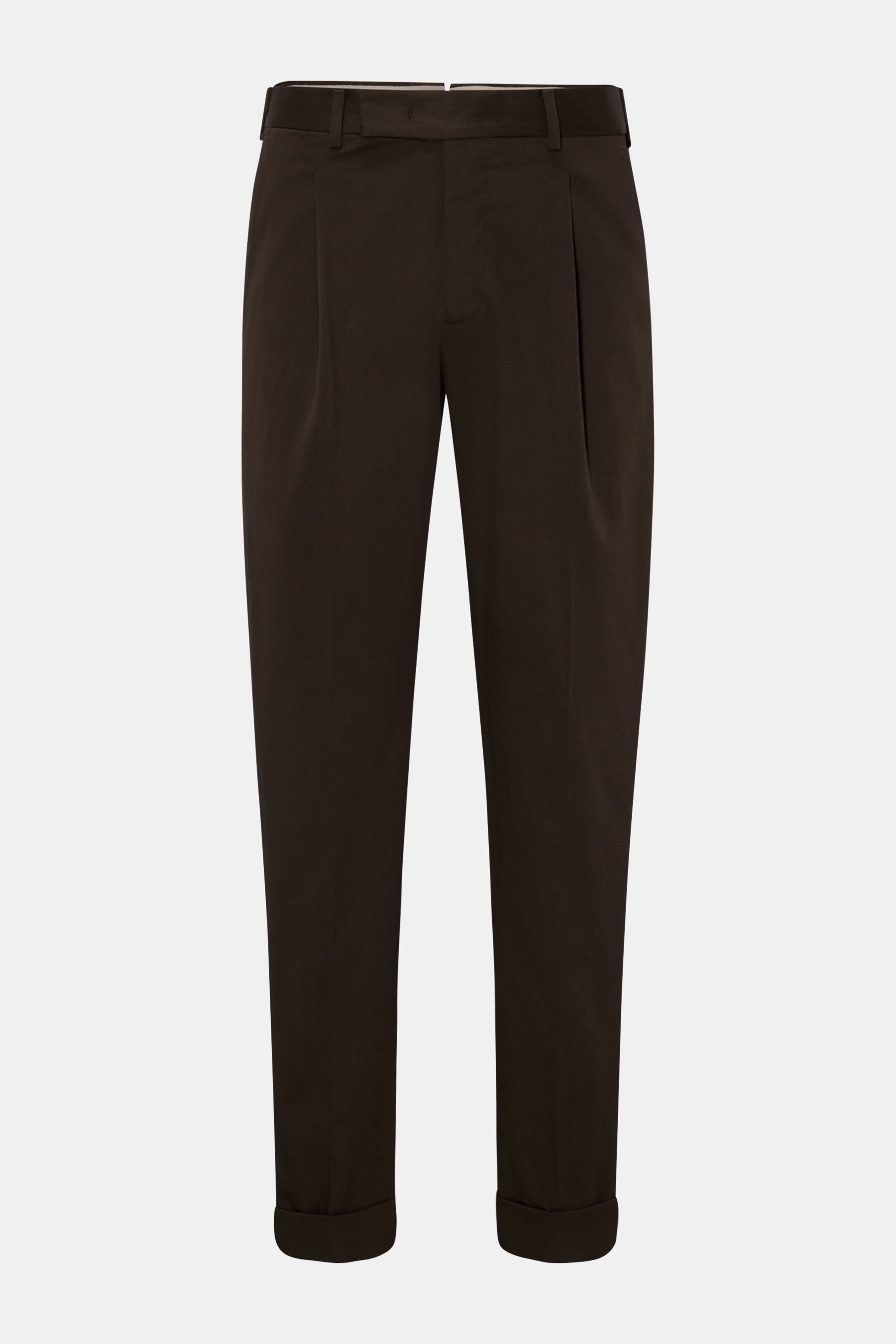 PT Torino Chino 'Rebel Fit' dunkelbraun, frontale Ansicht, Twill aus reiner Baumwolle, leichter Griff, Bundhaken, Reißverschluss, knöchellang, Bundfalte, Uhrentasche, französische Taschen, geknöpfte Gesäßtaschen, fixierter Saumaufschlag.