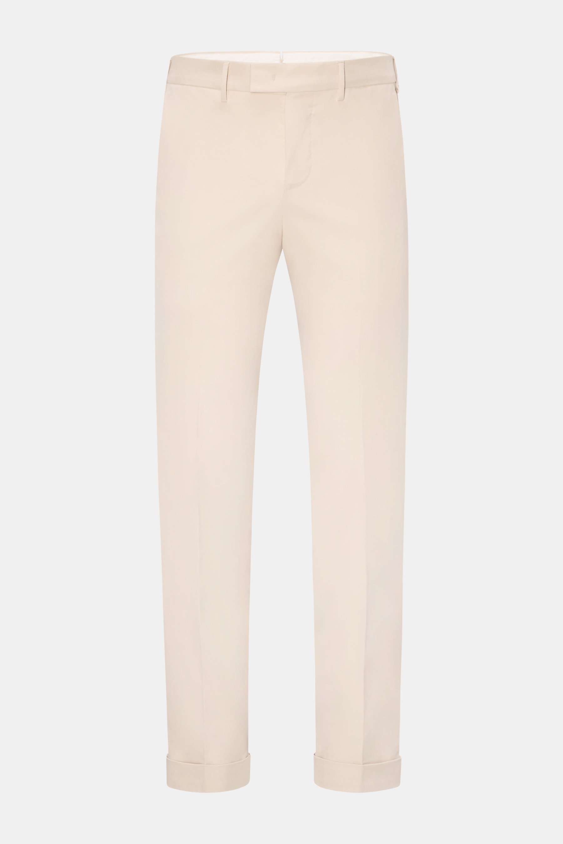 PT Torino Baumwollhose 'Master Fit' sand, Slim Fit mit leichtem Stretch, weicher Griff, französische Taschen, fixierter Saumaufschlag, Frontansicht.