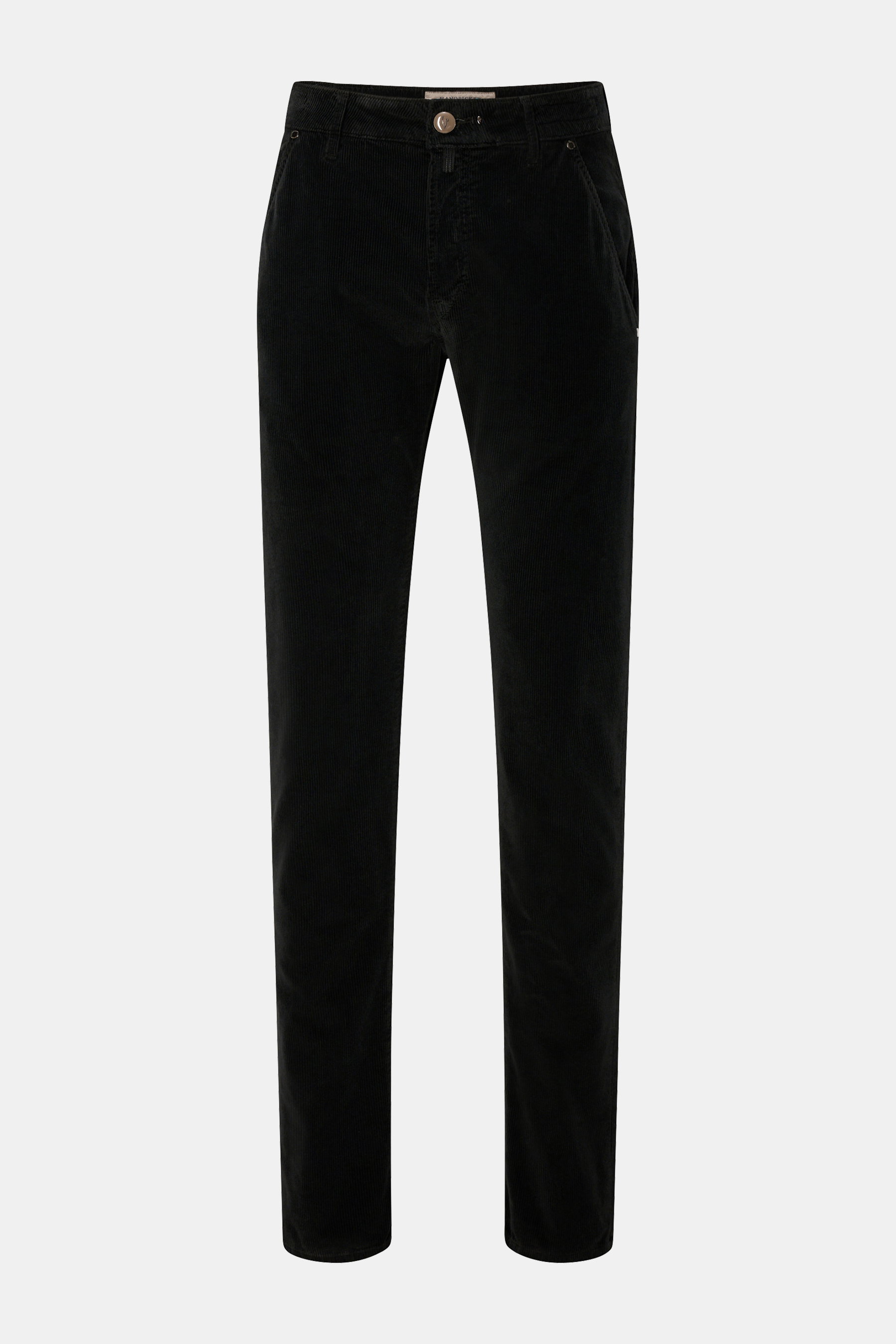 HandPicked Cordhose 'Parma' schwarz, slim Fit Cordhose aus Baumwolle/Modal, schmal zulaufend, Button Fly, französische Taschen, Vorderansicht.