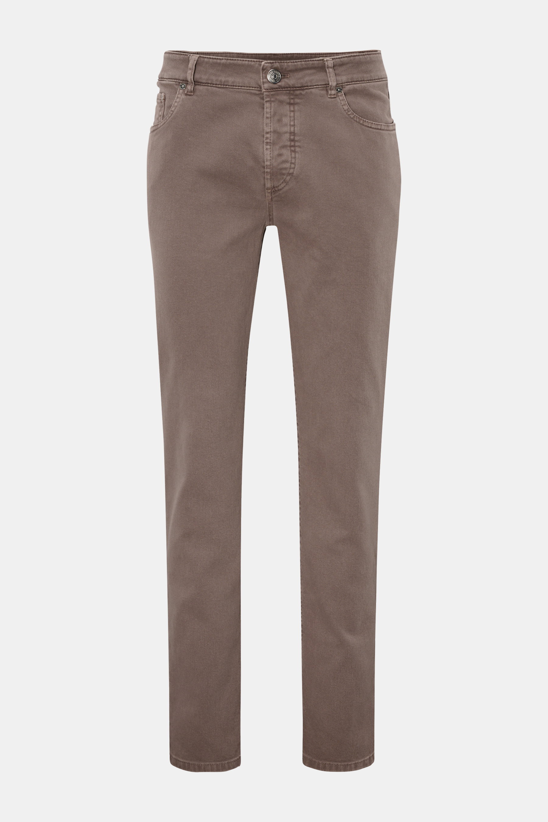 Brunello Cucinelli Jeans 'Traditional Fit' taupe, frontale Aufnahme, monochrome Baumwollhose mit Button Fly, Five-Pocket-Stil und Lederpatch