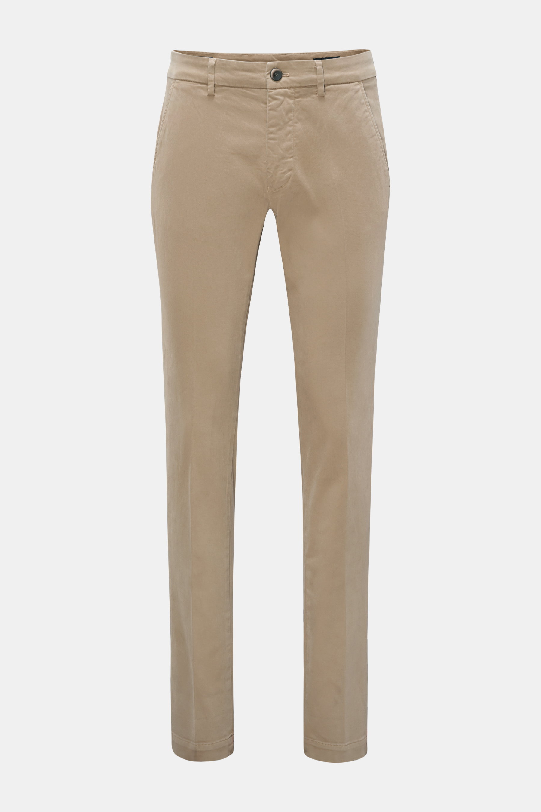 Mason's Chino 'Torino Style' taupe, Slim Fit, schmal zulaufend, niedrige Bundhöhe, Twill aus Baumwolle, garment dyed, weicher Griff, Zip Fly, Bundknopf, Taschen, Frontansicht.