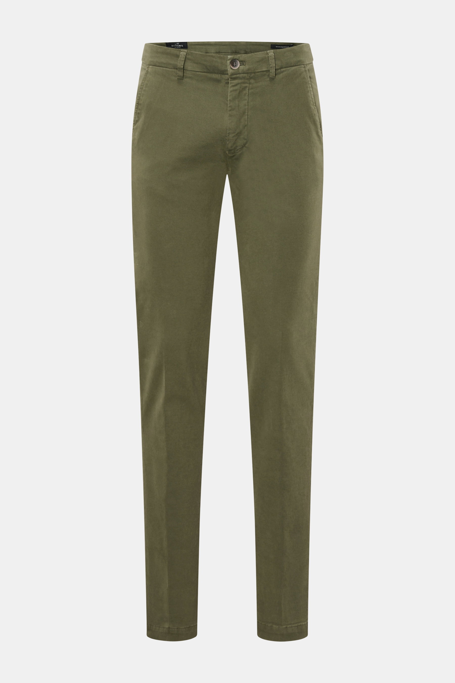 Mason's Chino 'Torino Style' graugrün aus Twill-Baumwolle, Slim Fit, niedrige Bundhöhe, schmal zulaufend, Zip Fly, Bundknopf, französische Taschen, paspelierte Gesäßtaschen mit Knopf, weicher Griff, garment dyed, leicht elastisch, Frontansicht.