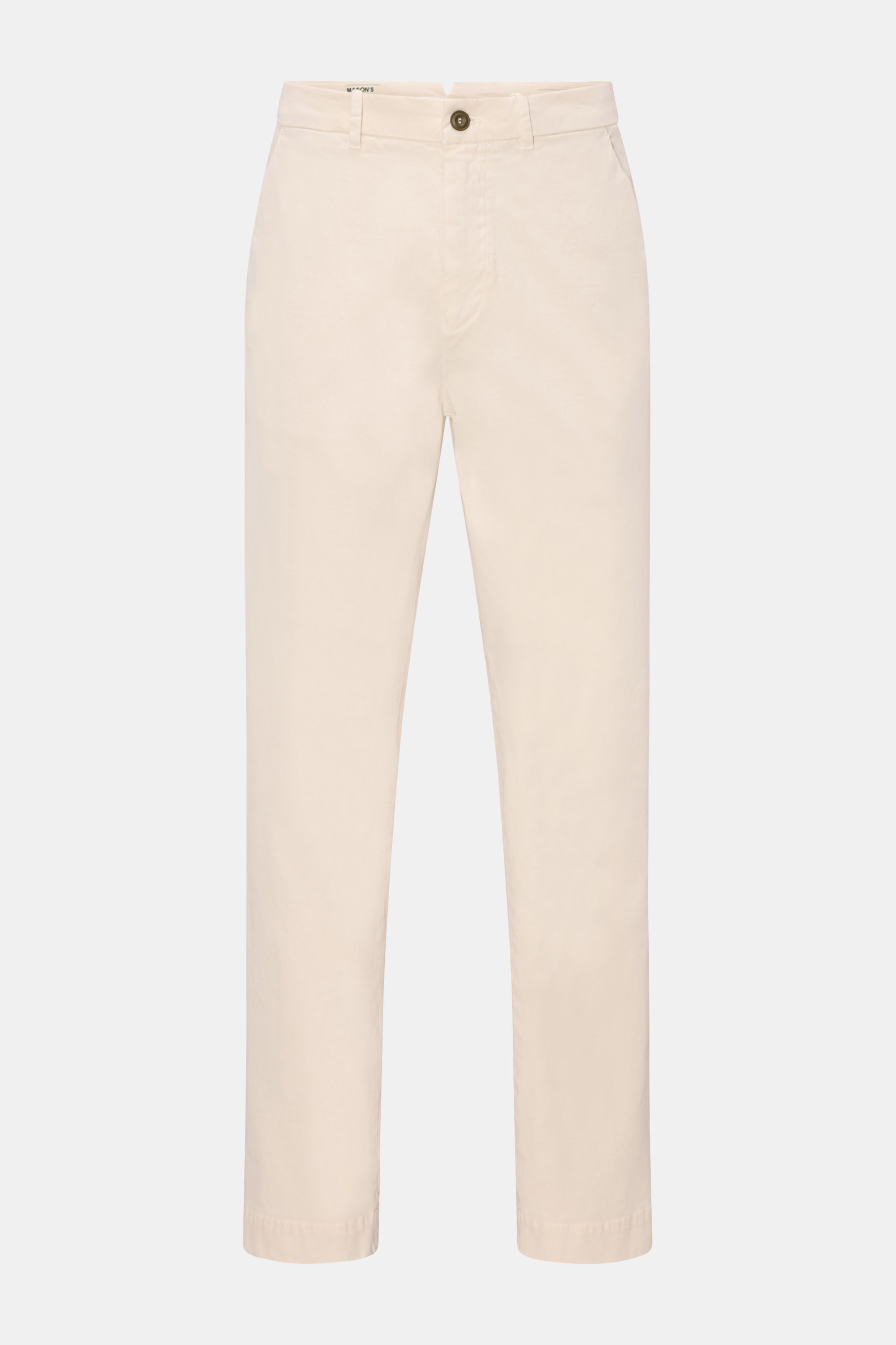 Mason's Chino 'Boston Style' sand, frontale Ansicht, Twill aus Baumwolle, leicht elastisch, weicher Griff, garment dyed, Regular Fit, schmal zulaufend, Zip Fly, Bundknopf, französische Taschen, Münztasche, Gesäßtaschen mit geknöpfter Patte.